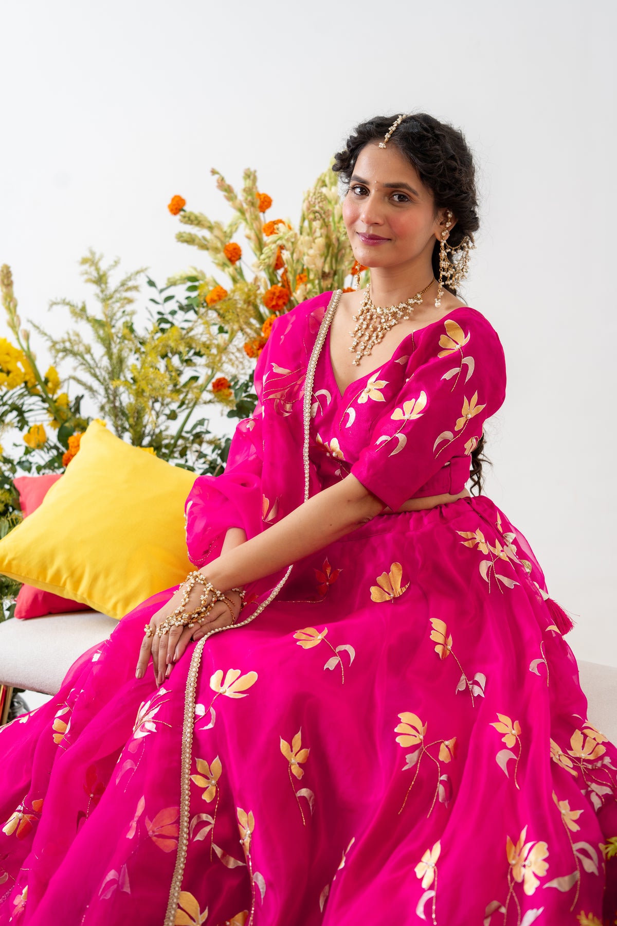 Hand-painted and Hand embroidered Rani Pink Golden Poppy Silk Organza  Lehenga