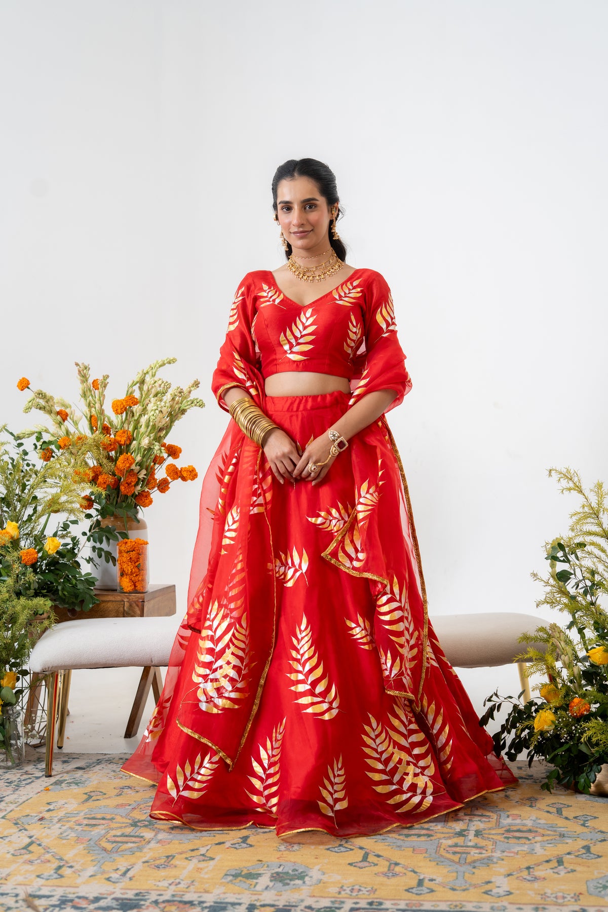 Hand-painted and Handembroidered Fern Red Silk Organza  Lehenga