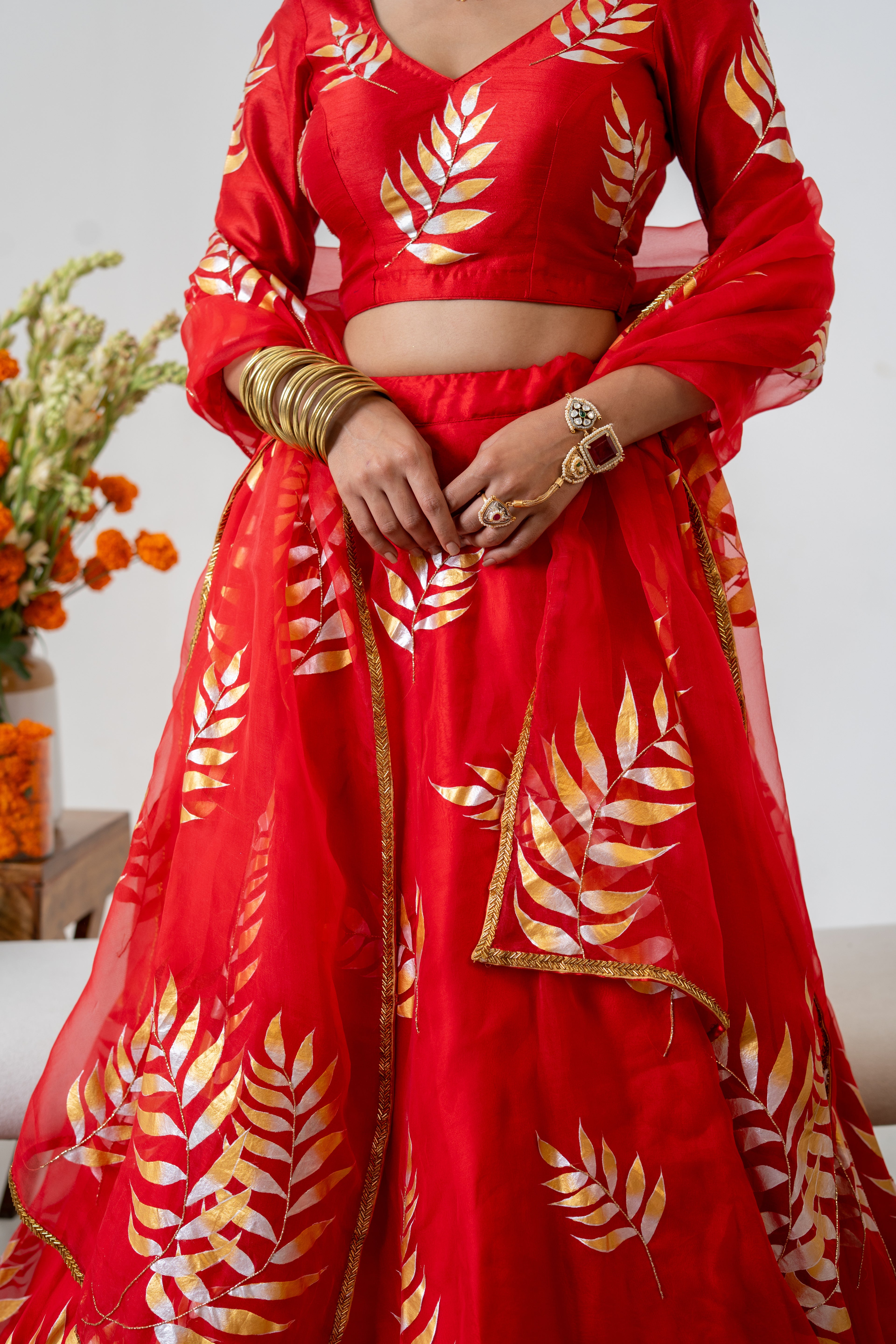 Hand-painted and Handembroidered Fern Red Silk Organza  Lehenga
