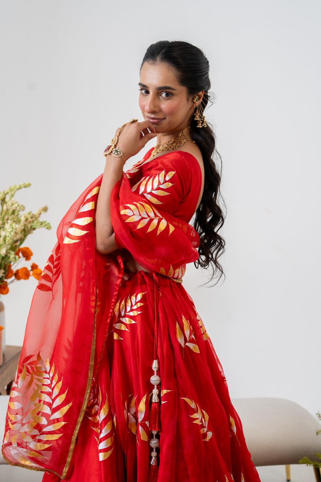 Hand-painted and Handembroidered Fern Red Silk Organza  Lehenga