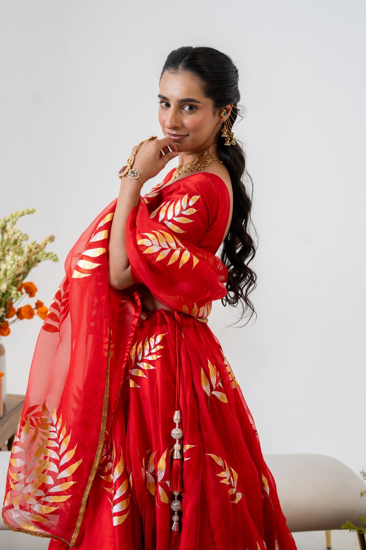 Hand-painted and Handembroidered Fern Red Silk Organza  Lehenga