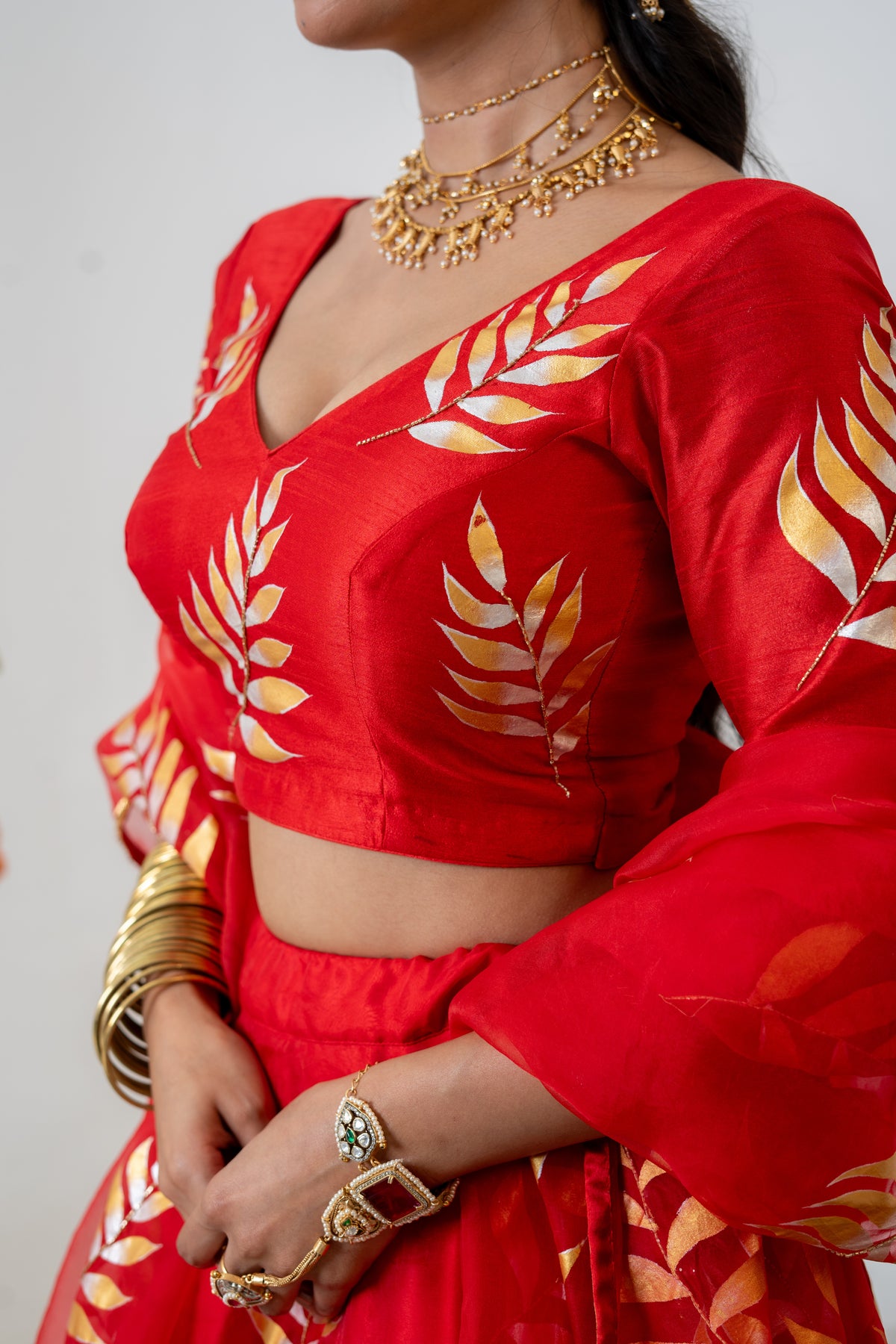 Hand-painted and Handembroidered Fern Red Silk Organza  Lehenga