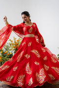 Hand-painted and Handembroidered Fern Red Silk Organza  Lehenga