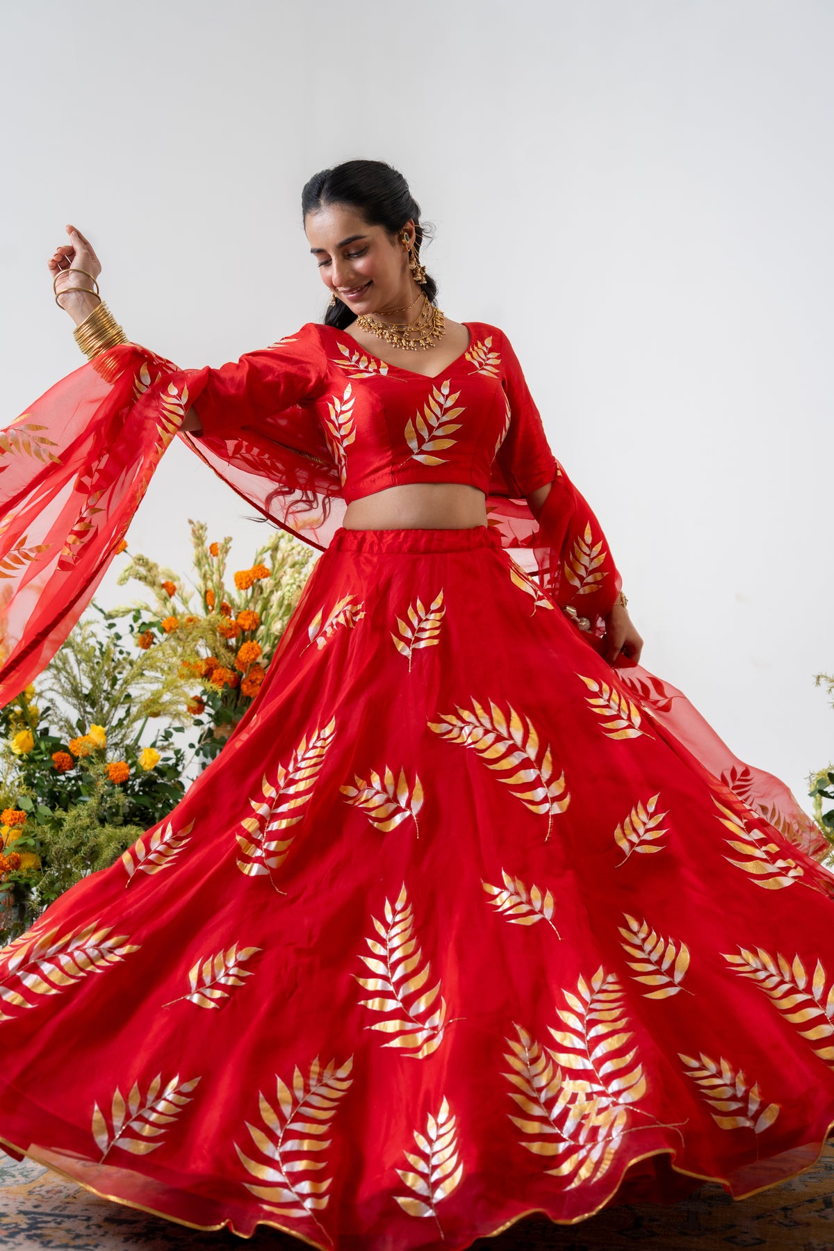 Hand-painted and Handembroidered Fern Red Silk Organza  Lehenga