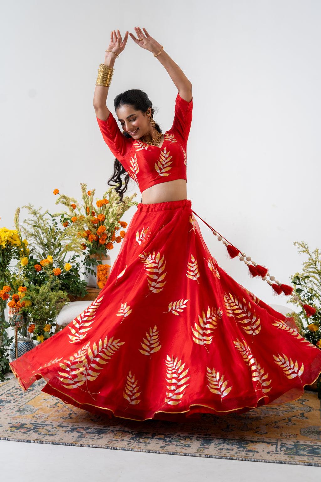 Hand-painted and Handembroidered Fern Red Silk Organza  Lehenga