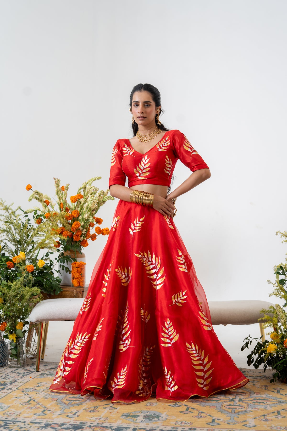 Hand-painted and Handembroidered Fern Red Silk Organza  Lehenga