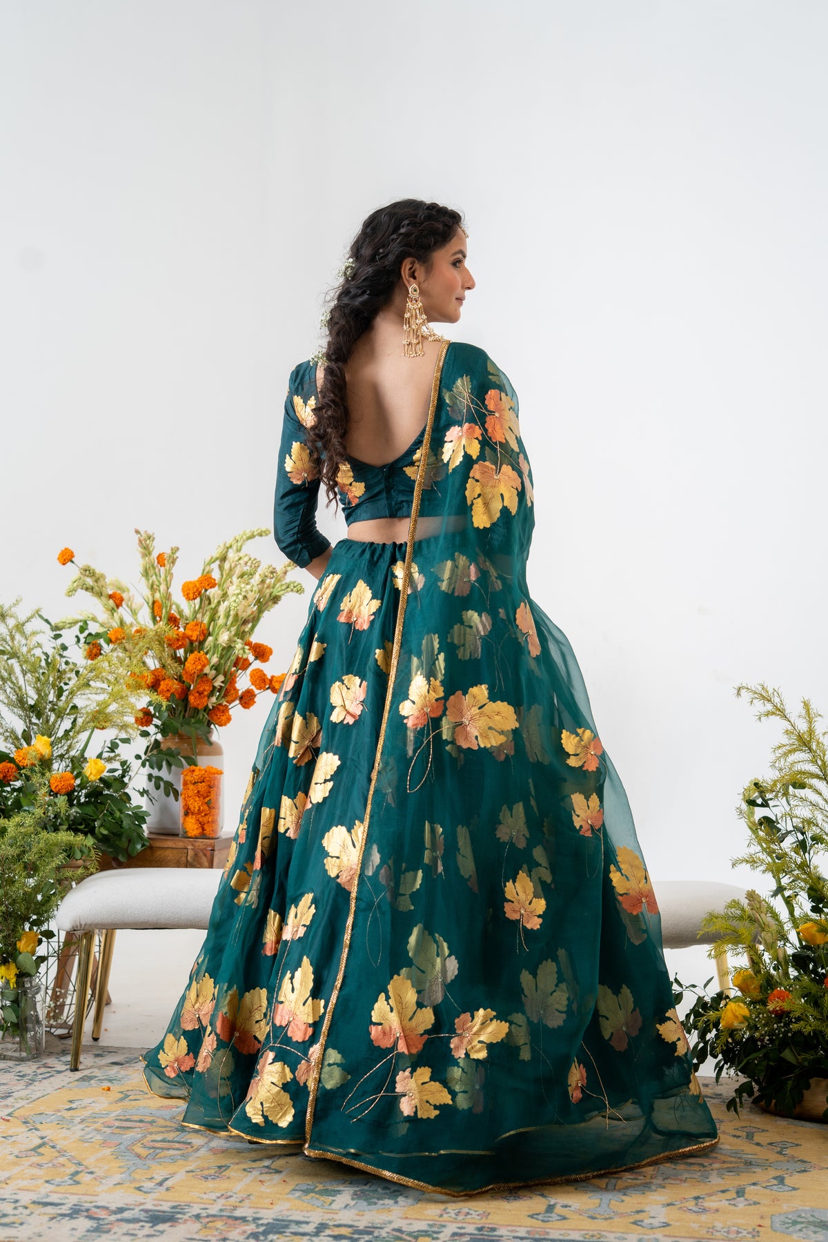 Hand-painted and Hand embroidered Bottle Green Silk Organza Golden Maple Lehenga