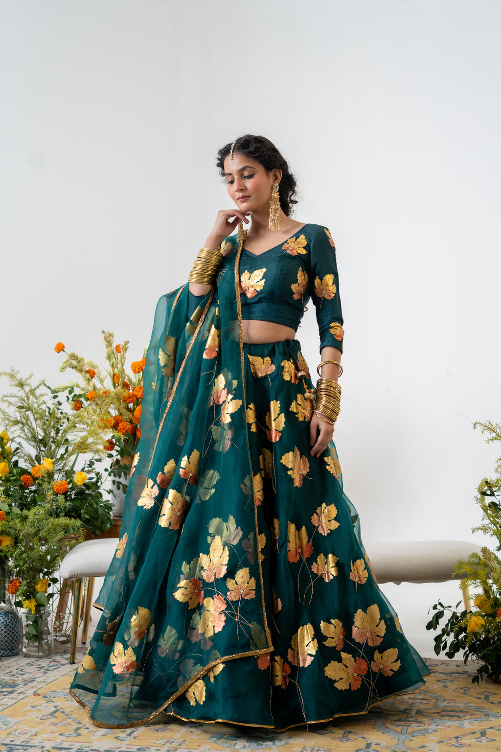 Hand-painted and Hand embroidered Bottle Green Silk Organza Golden Maple Lehenga