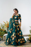 Hand-painted and Hand embroidered Bottle Green Silk Organza Golden Maple Lehenga
