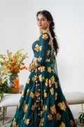 Hand-painted and Hand embroidered Bottle Green Silk Organza Golden Maple Lehenga