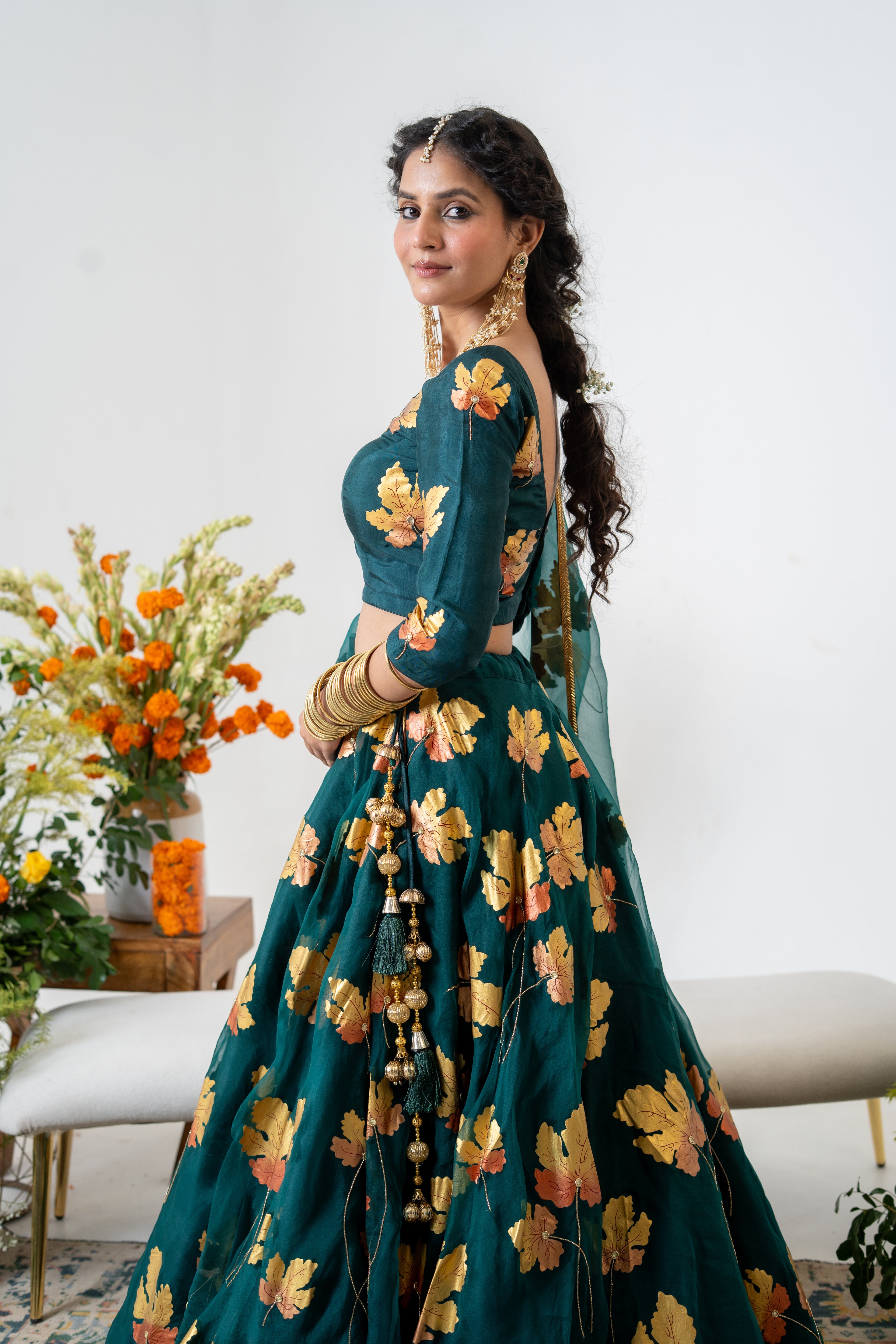 Hand-painted and Hand embroidered Bottle Green Silk Organza Golden Maple Lehenga