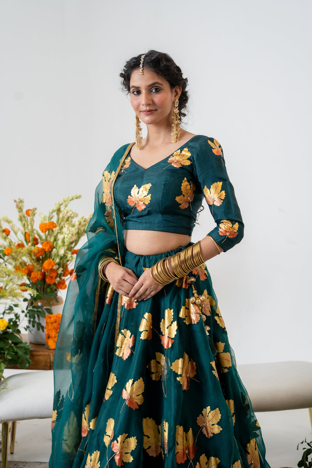 Hand-painted and Hand embroidered Bottle Green Silk Organza Golden Maple Lehenga