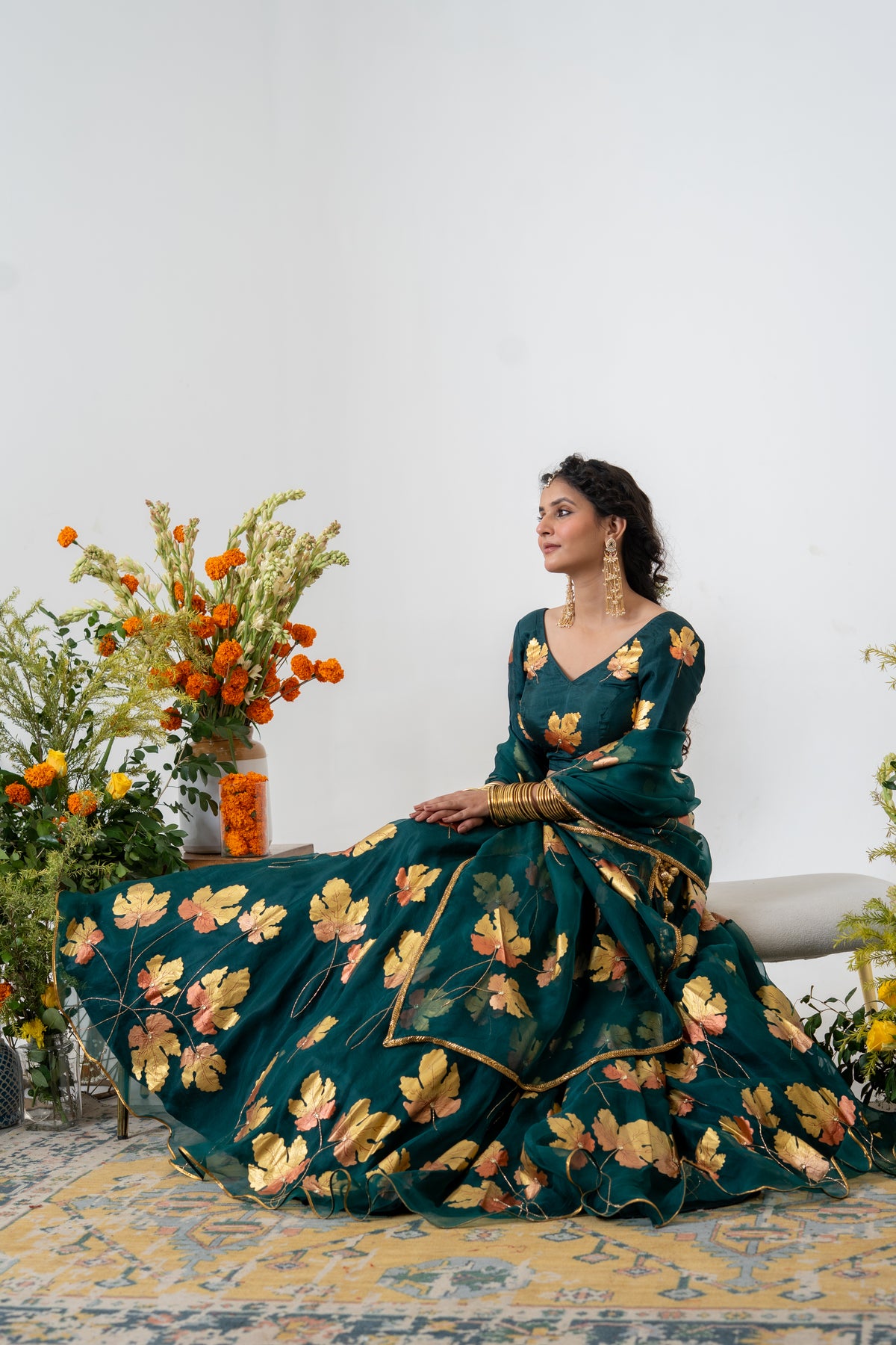 Hand-painted and Hand embroidered Bottle Green Silk Organza Golden Maple Lehenga