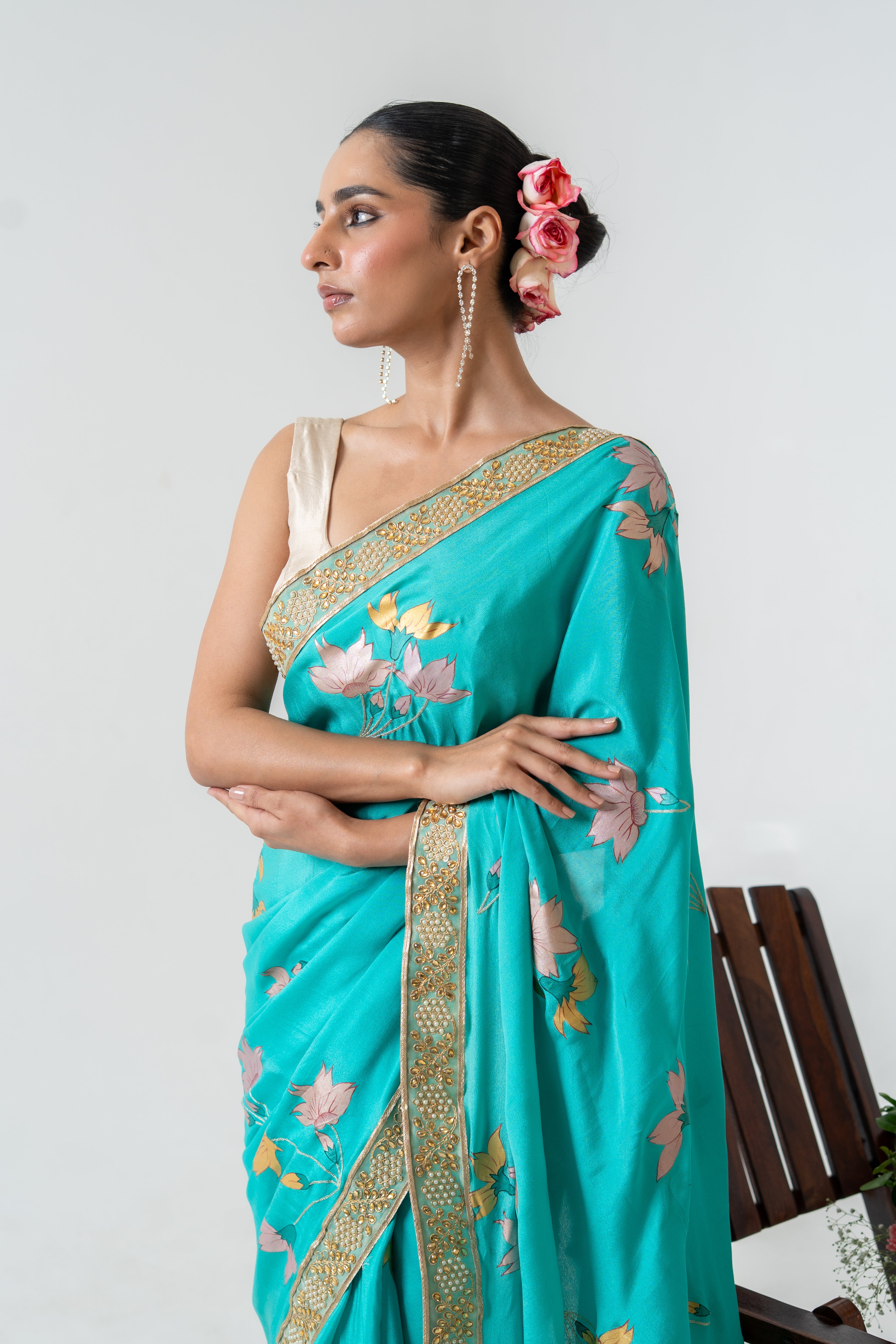 Handpainted and Hand embroidered Green Pure Crepe Silk Saree