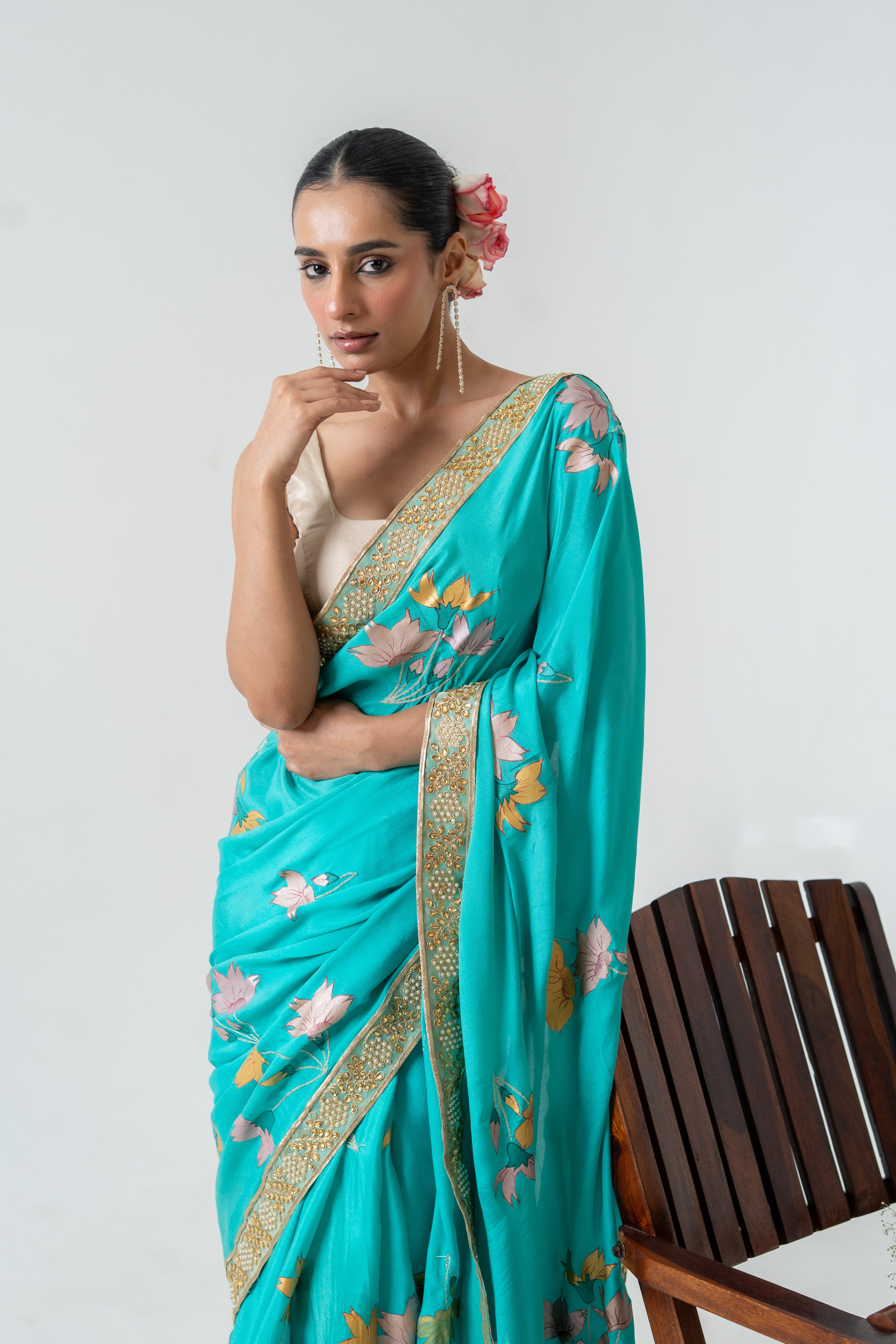 Handpainted and Hand embroidered Green Pure Crepe Silk Saree
