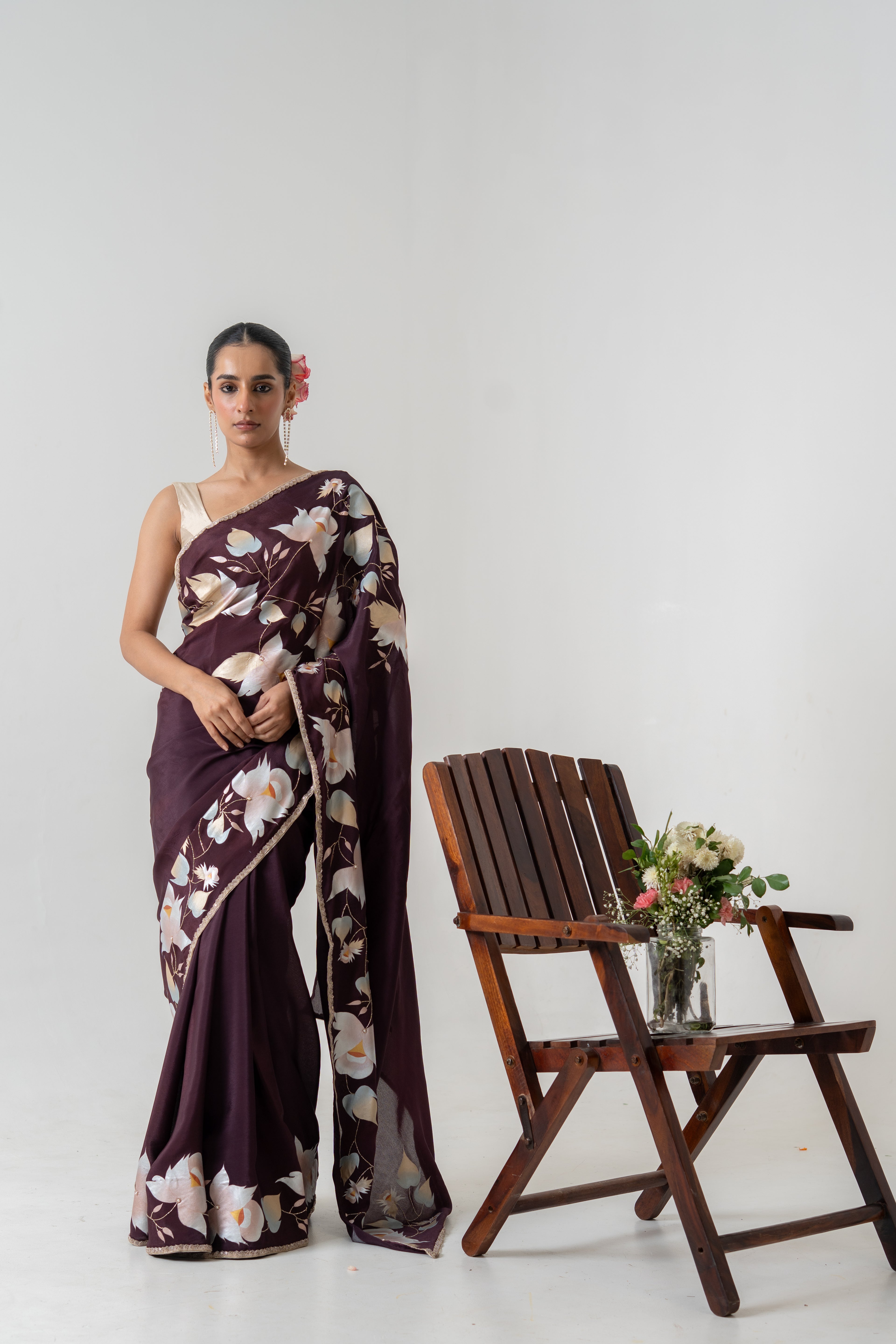 Handpainted and Hand embroidered Wine Crepe Saree