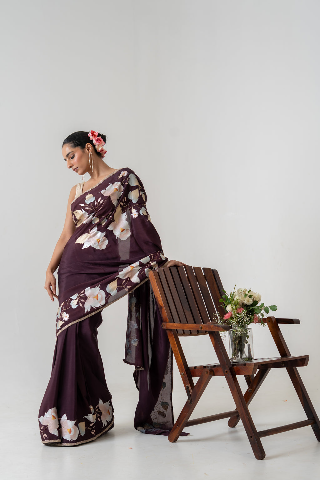 Handpainted and Hand embroidered Wine Crepe Saree