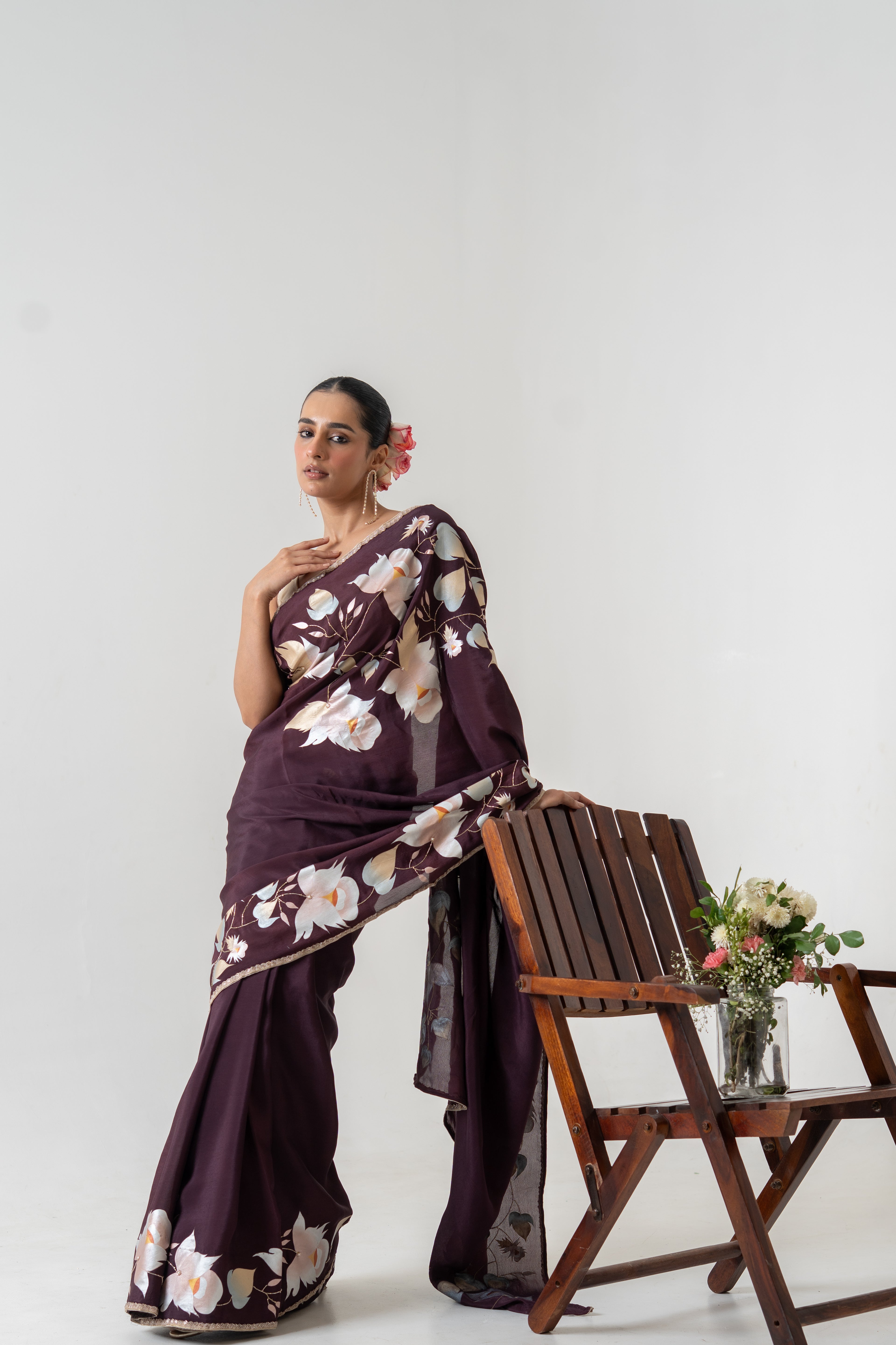 Handpainted and Hand embroidered Wine Crepe Saree