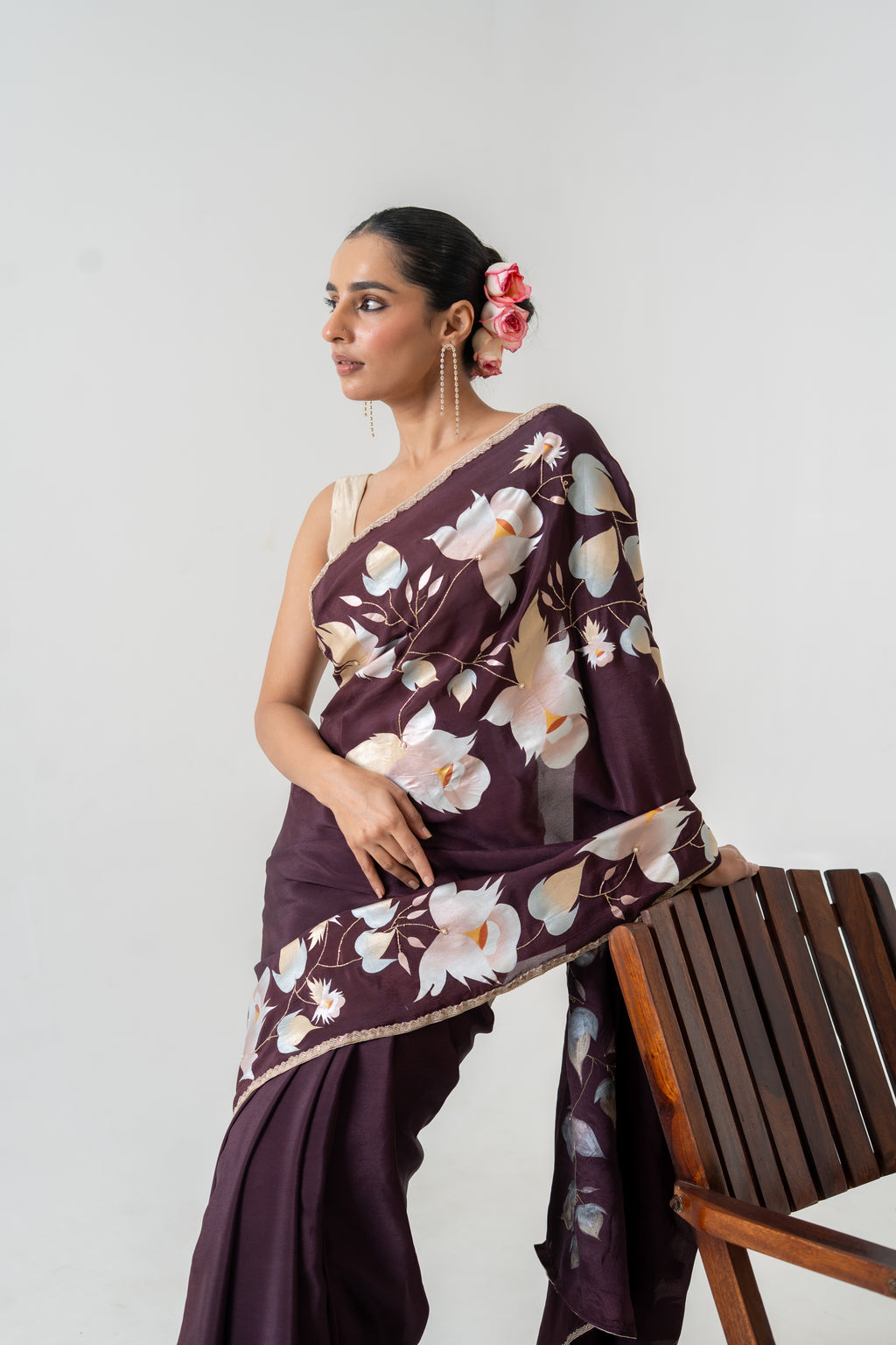 Handpainted and Hand embroidered Wine Crepe Saree