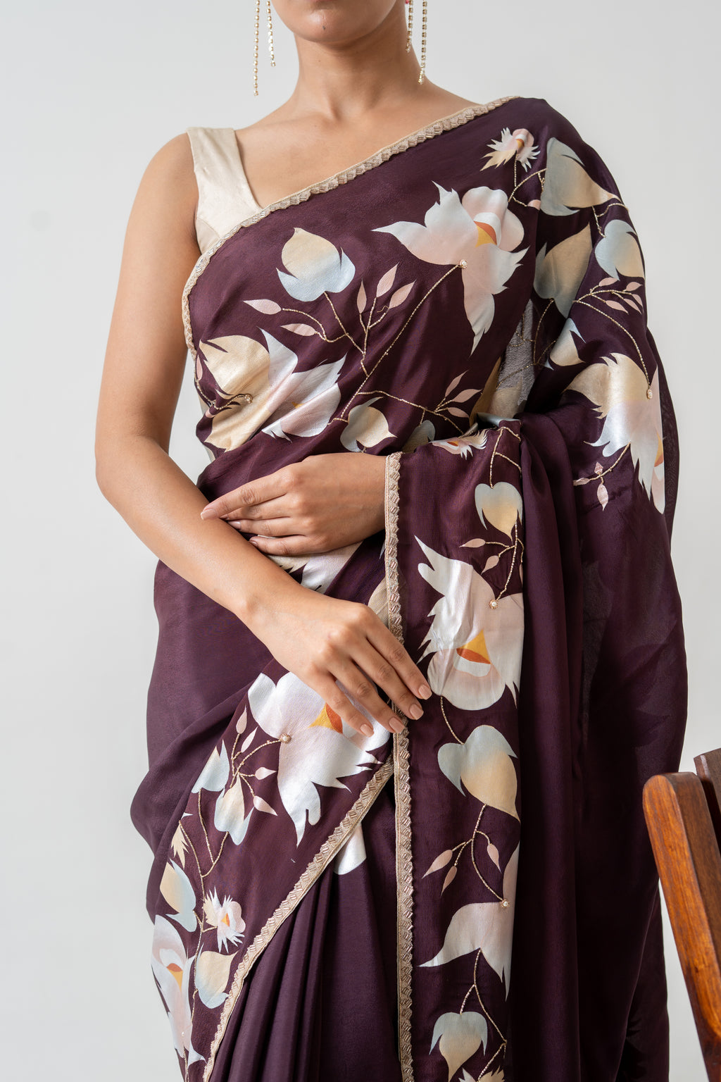 Handpainted and Hand embroidered Wine Crepe Saree
