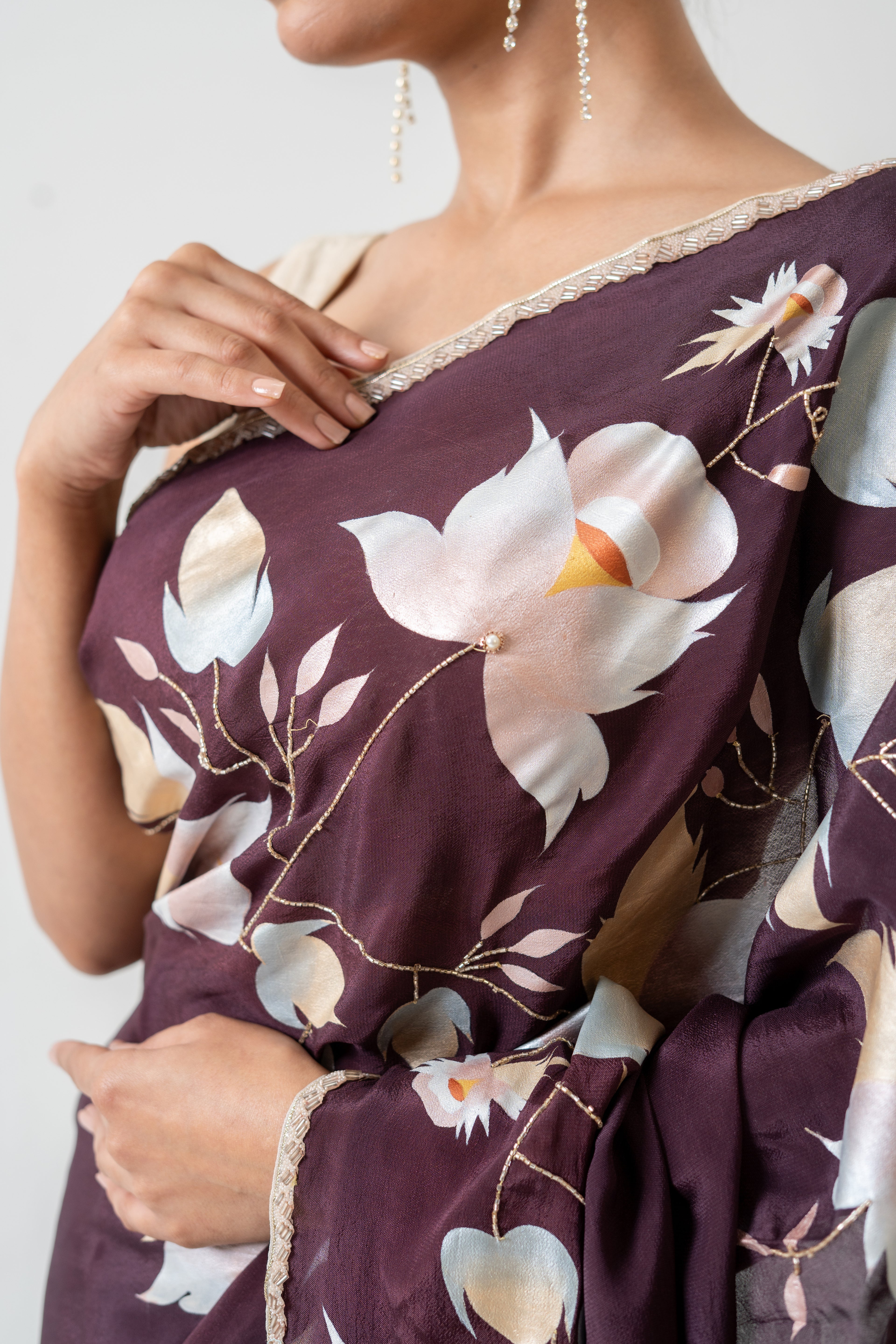 Handpainted and Hand embroidered Wine Crepe Saree