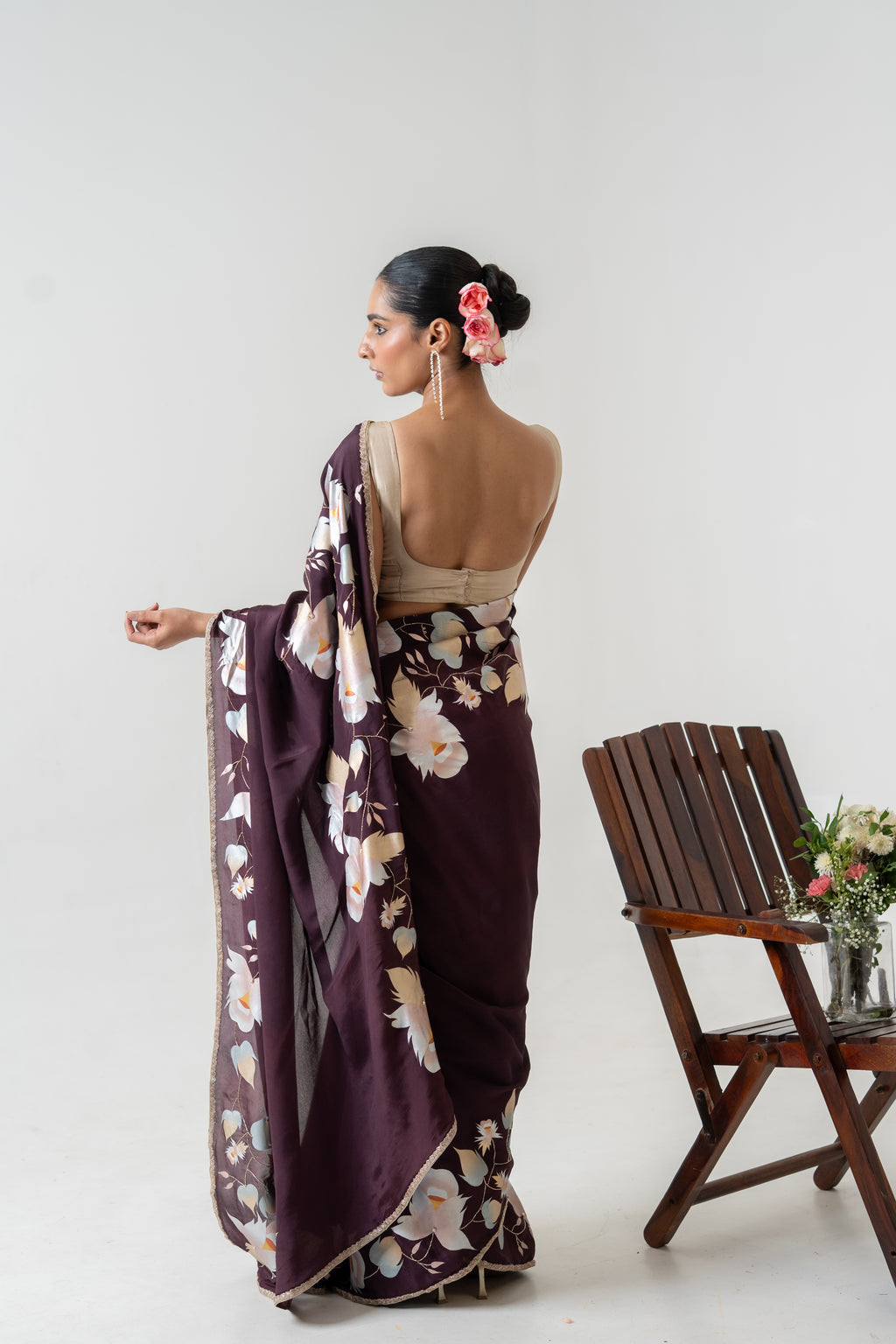 Handpainted and Hand embroidered Wine Crepe Saree