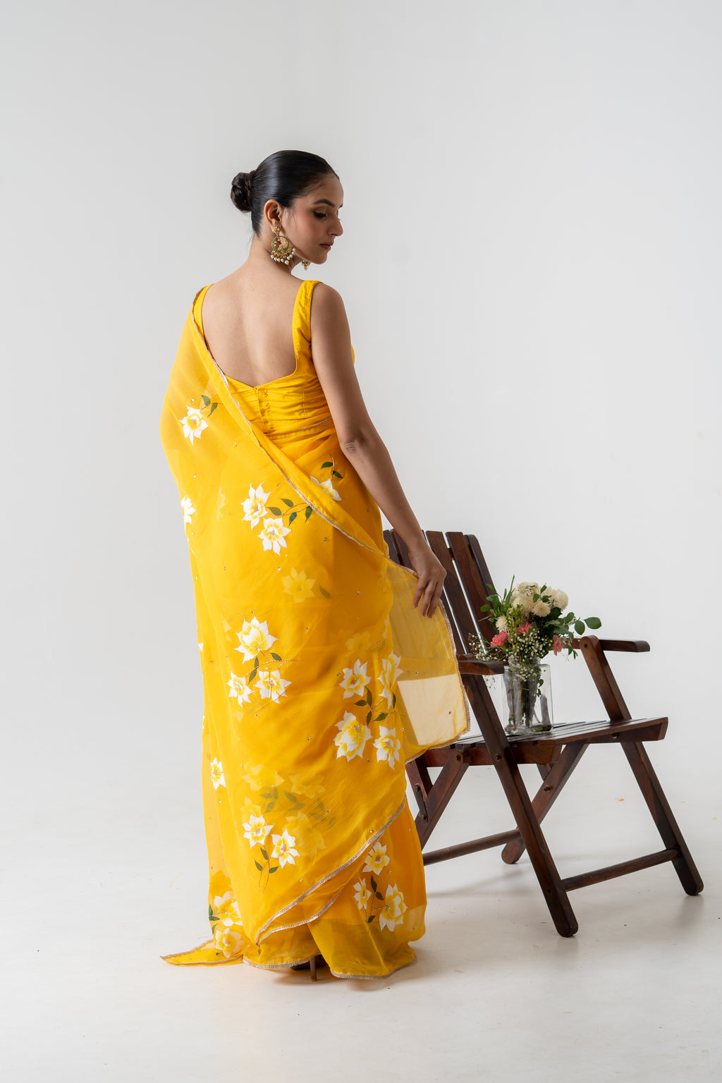 Handpainted and Hand embroidered Yellow Chiffon white Rose Saree