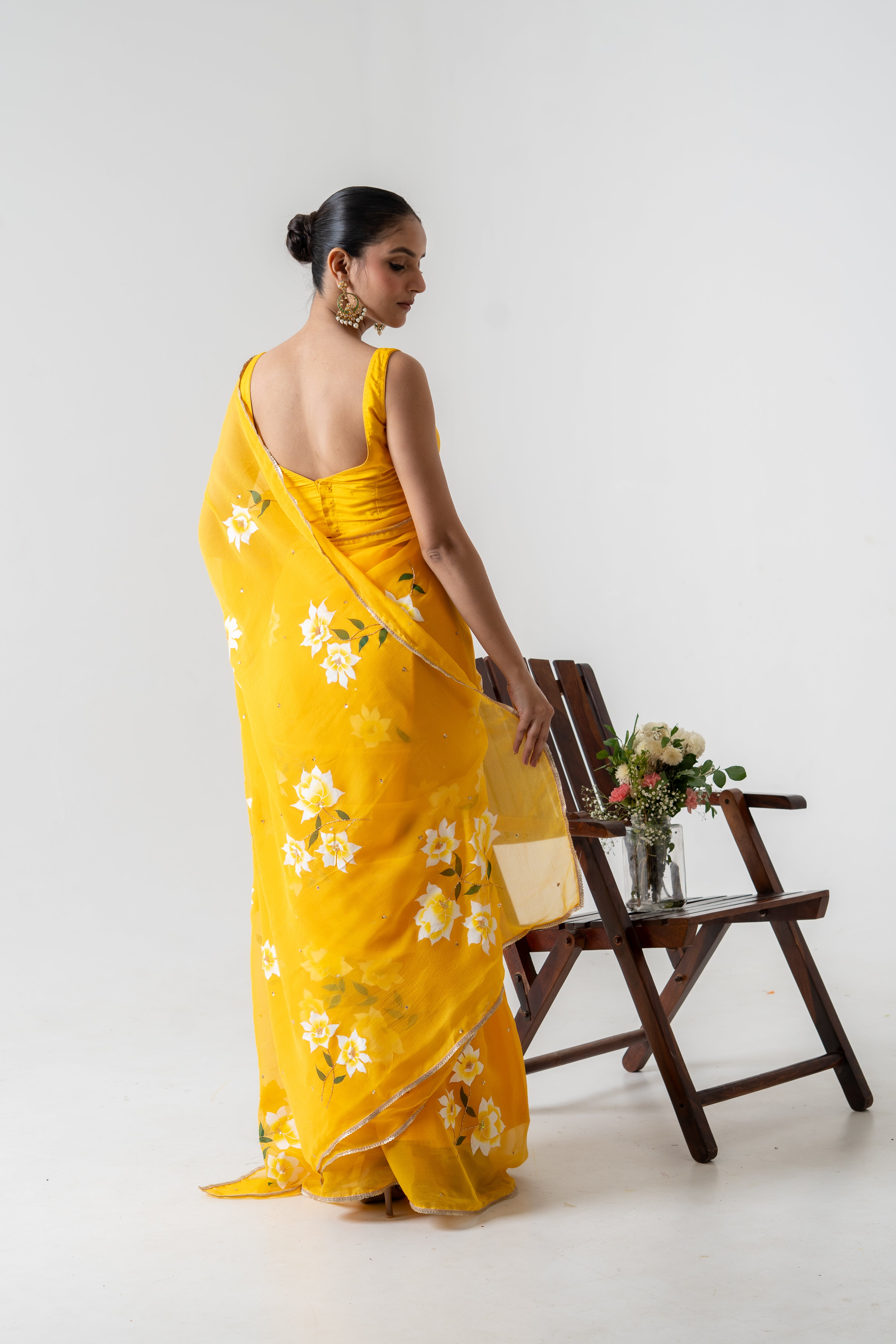 Handpainted and Hand embroidered Yellow Chiffon white Rose Saree