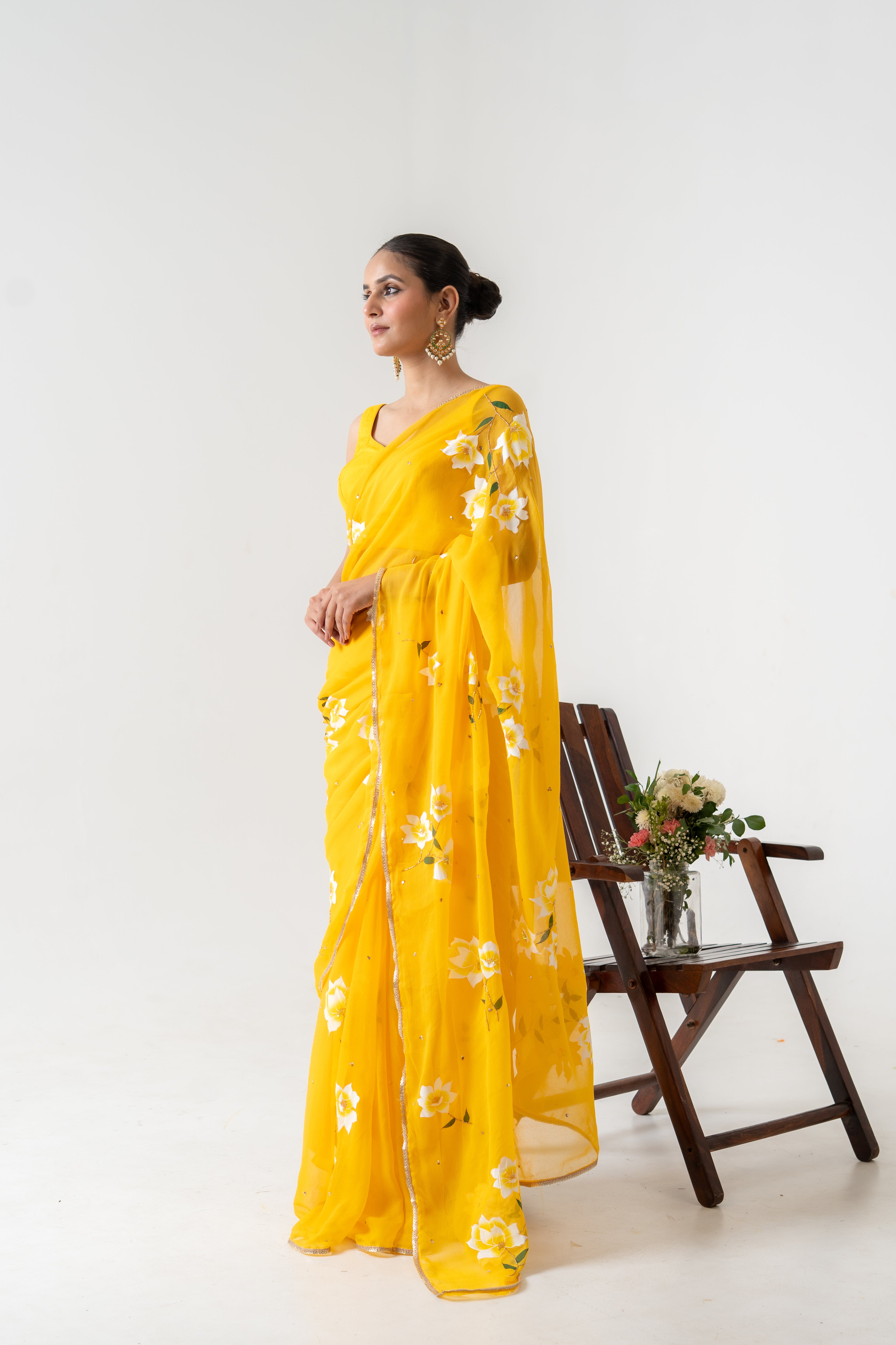 Handpainted and Hand embroidered Yellow Chiffon white Rose Saree