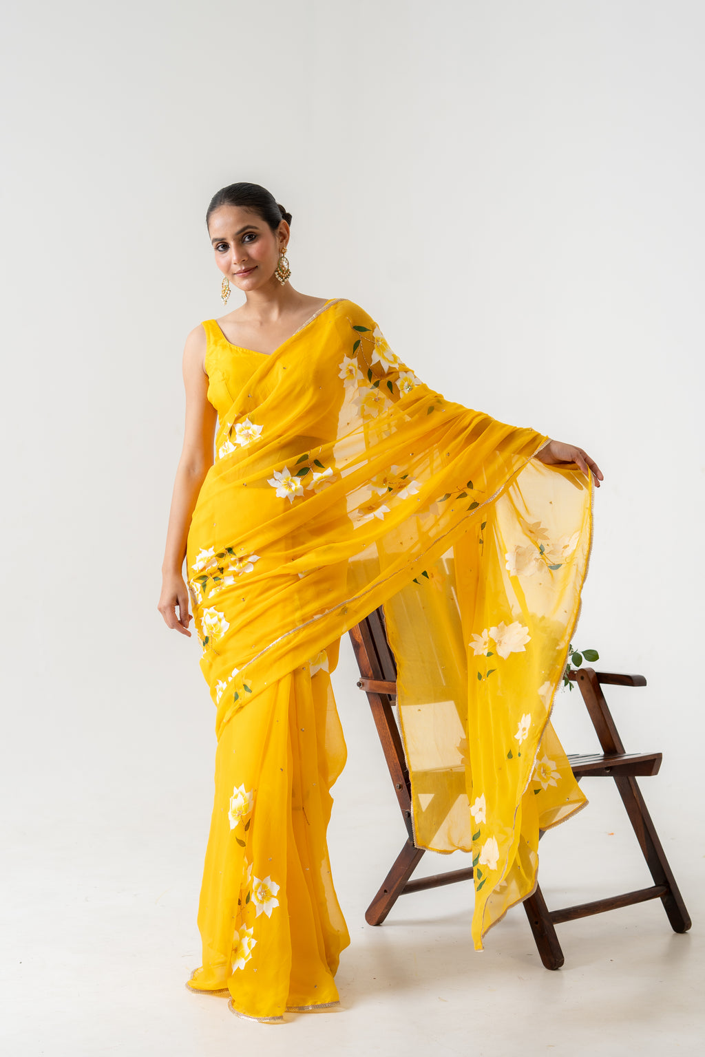 Handpainted and Hand embroidered Yellow Chiffon white Rose Saree
