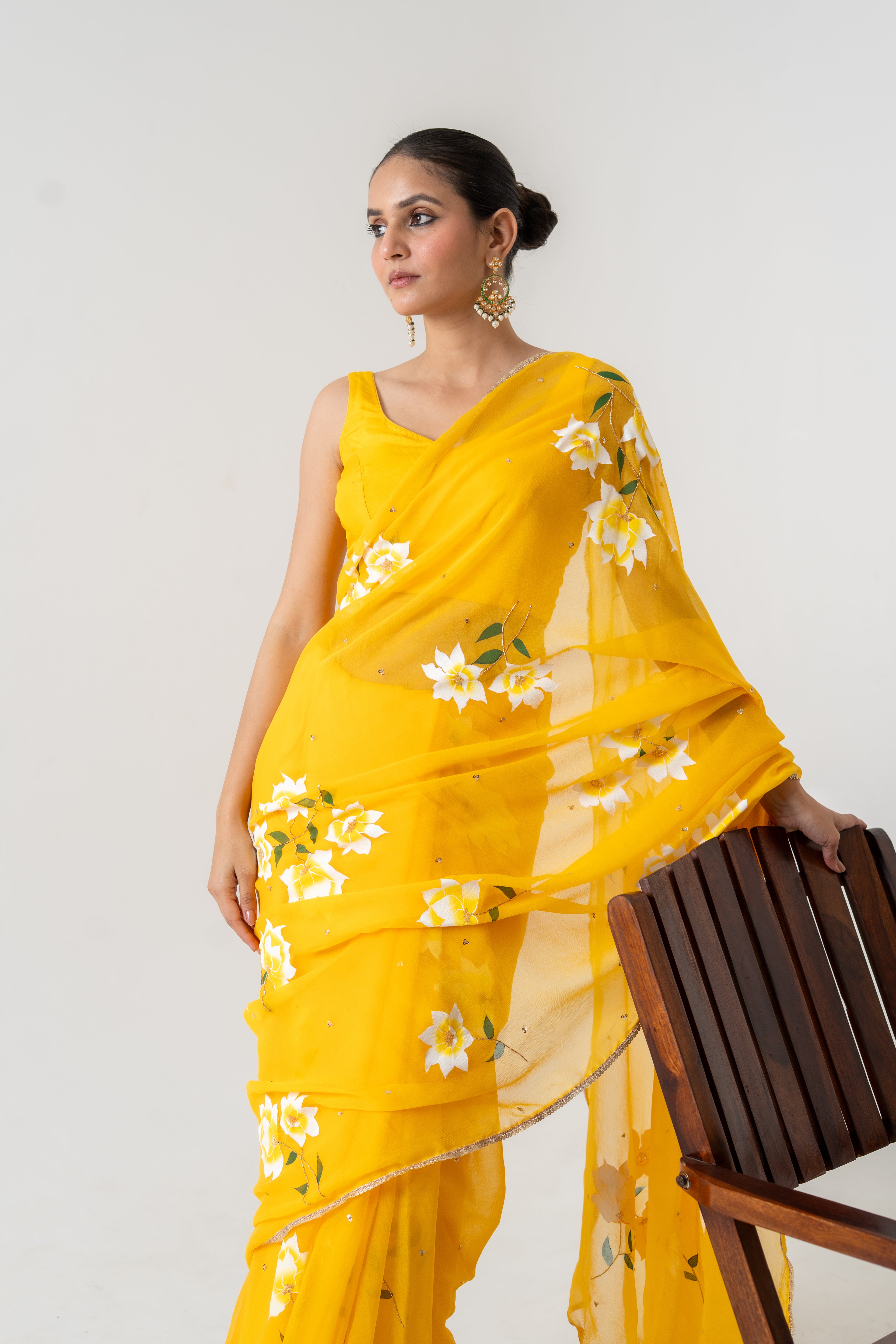 Handpainted and Hand embroidered Yellow Chiffon white Rose Saree