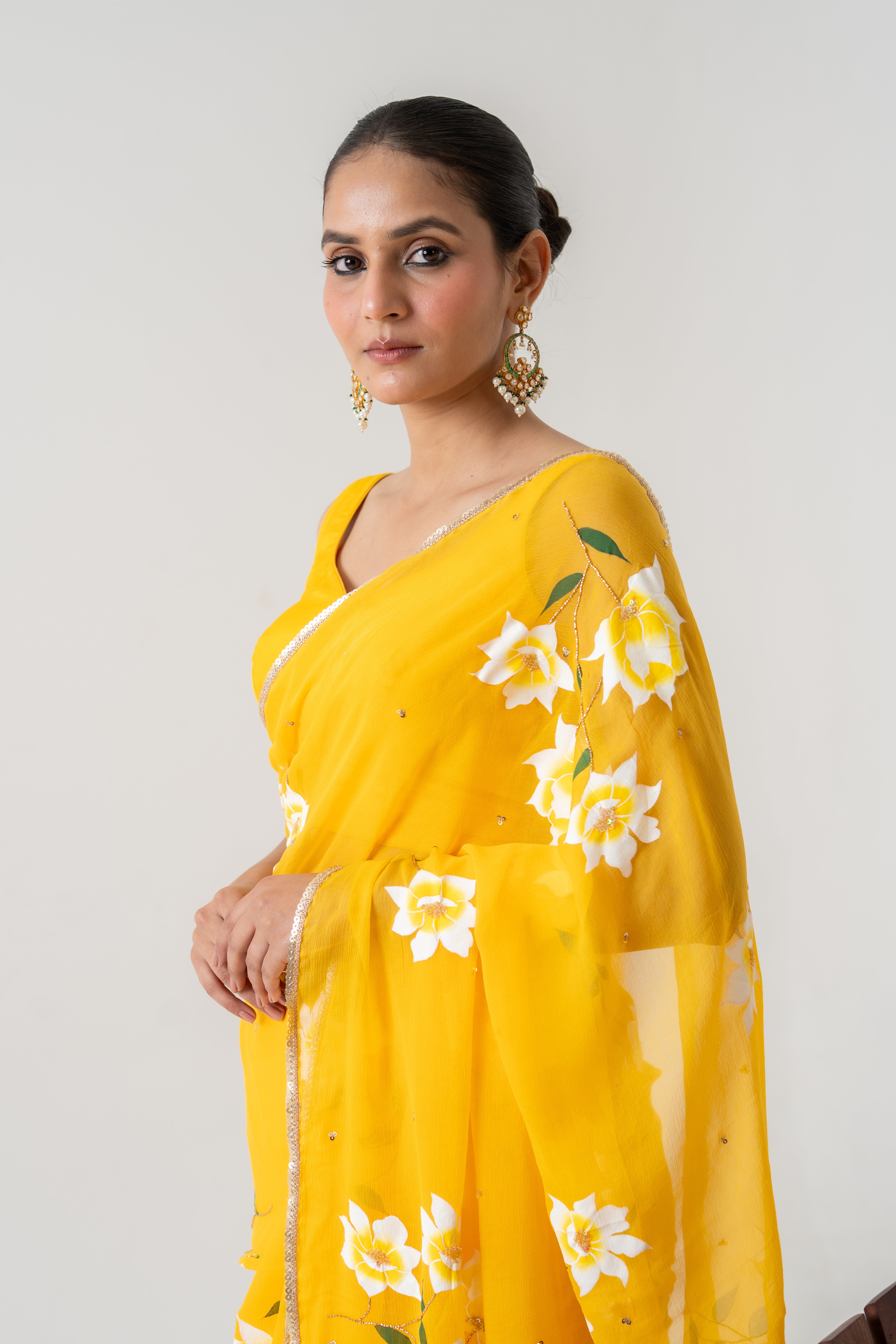 Handpainted and Hand embroidered Yellow Chiffon white Rose Saree