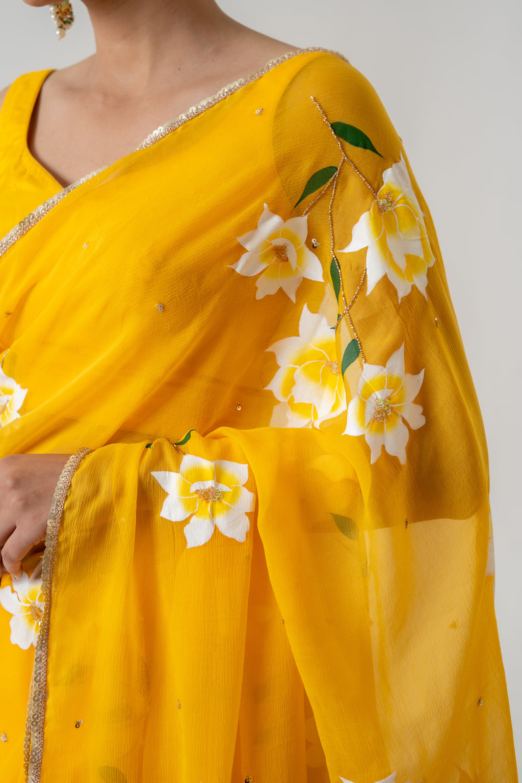 Handpainted and Hand embroidered Yellow Chiffon white Rose Saree