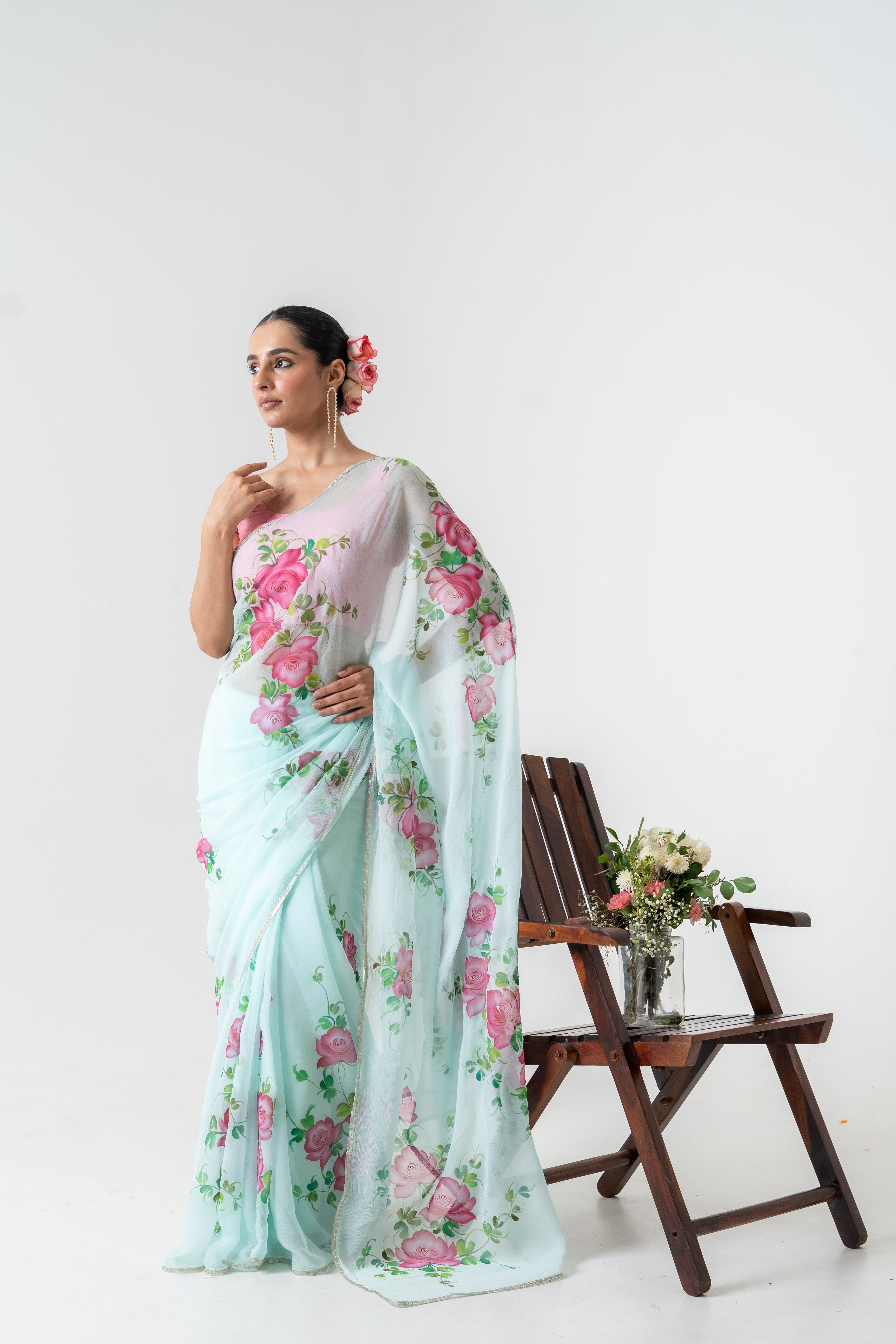 Handpainted Pastel Green Floral Chiffon Saree