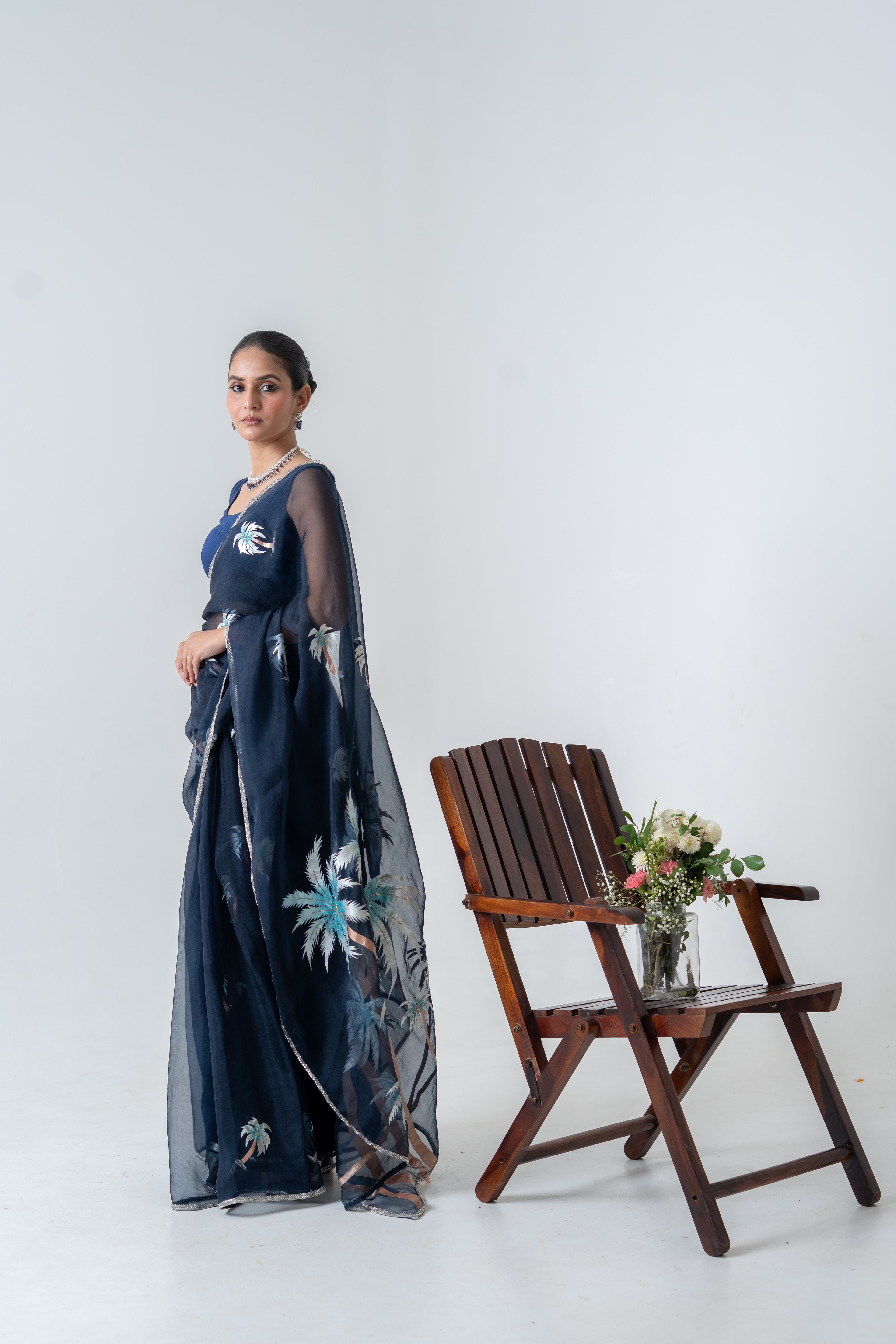 Handpainted and Hand embroidered Navy Blue Pure Silk Organza palm Tree Saree