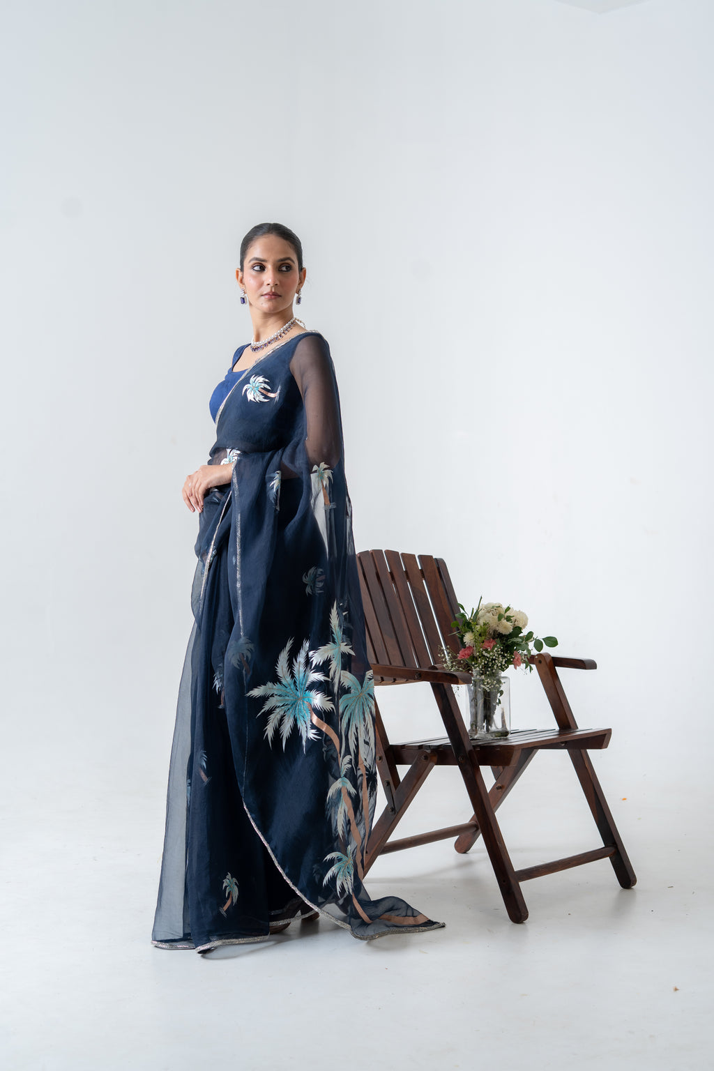 Handpainted and Hand embroidered Navy Blue Pure Silk Organza palm Tree Saree