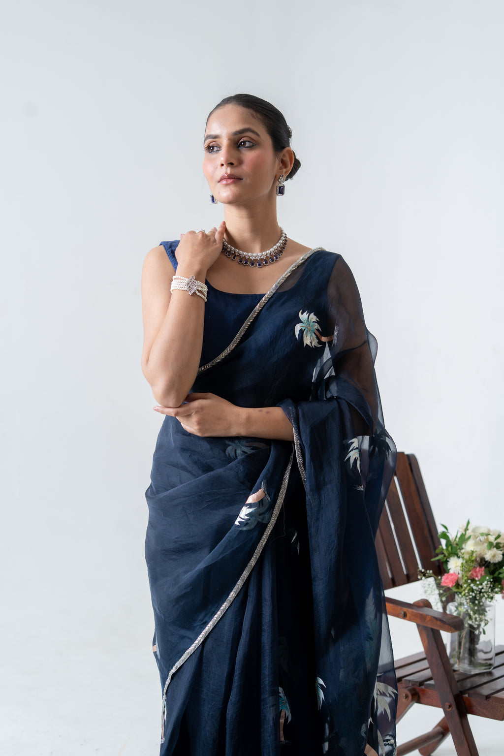 Handpainted and Hand embroidered Navy Blue Pure Silk Organza palm Tree Saree