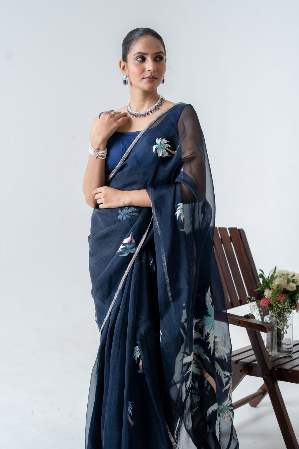 Handpainted and Hand embroidered Navy Blue Pure Silk Organza palm Tree Saree
