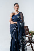 Handpainted and Hand embroidered Navy Blue Pure Silk Organza palm Tree Saree