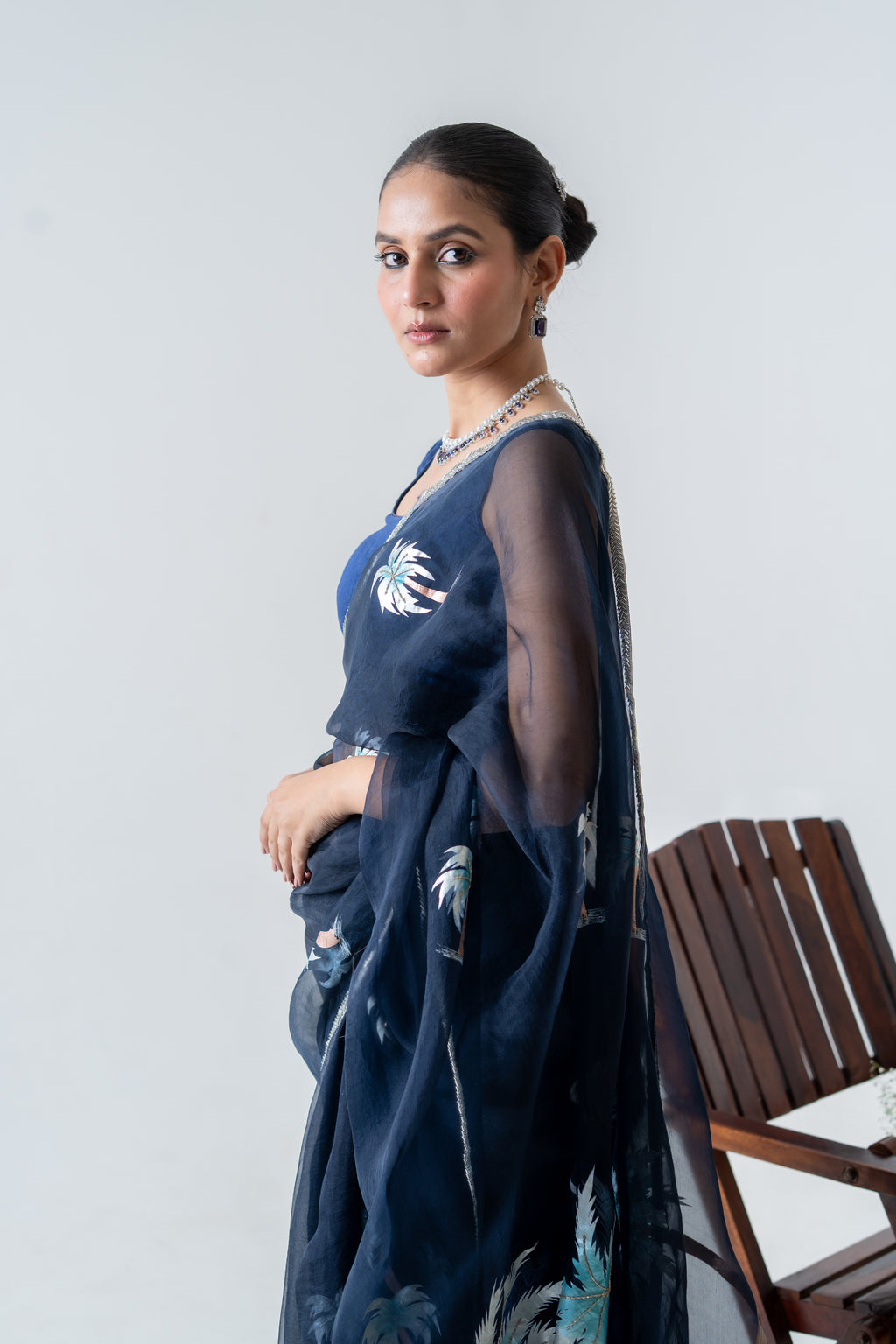 Handpainted and Hand embroidered Navy Blue Pure Silk Organza palm Tree Saree