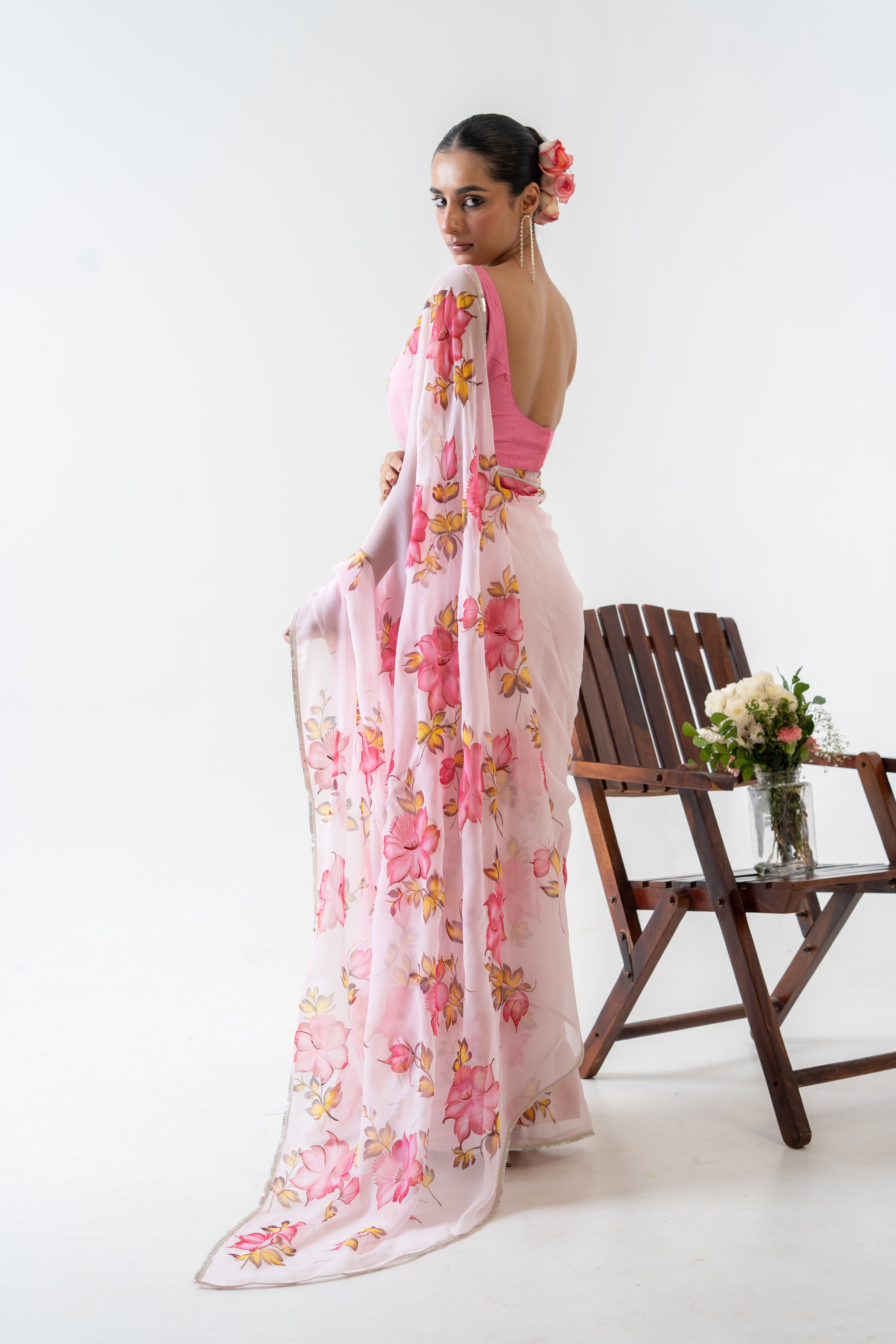 Handpainted Pink Floral Chiffon Saree
