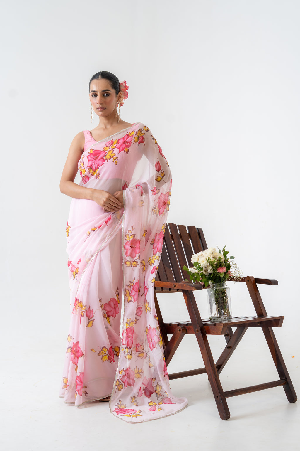 Handpainted Pink Floral Chiffon Saree