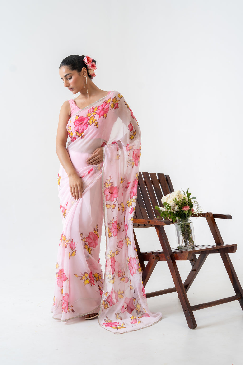 Handpainted Pink Floral Chiffon Saree