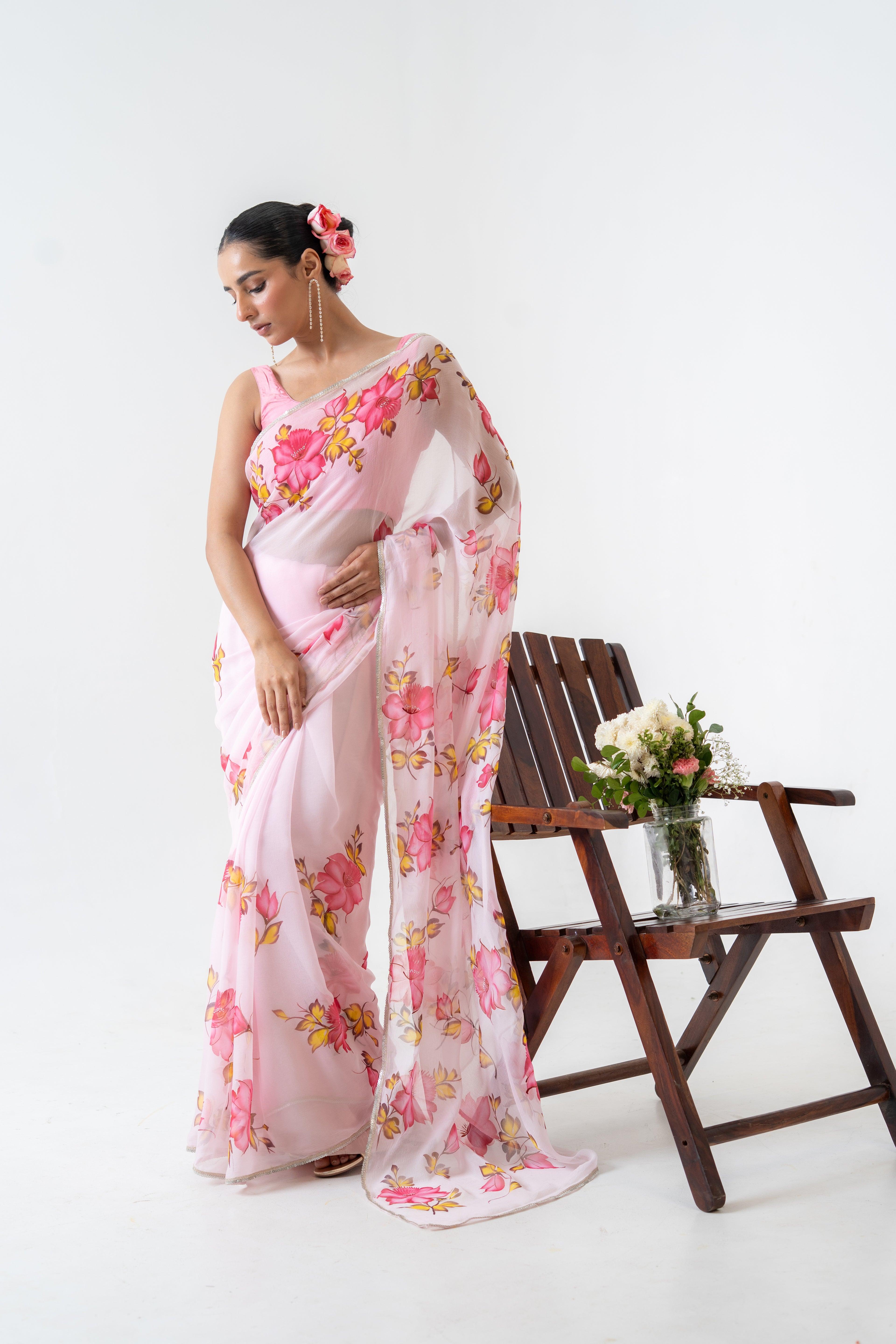 Handpainted Pink Floral Chiffon Saree