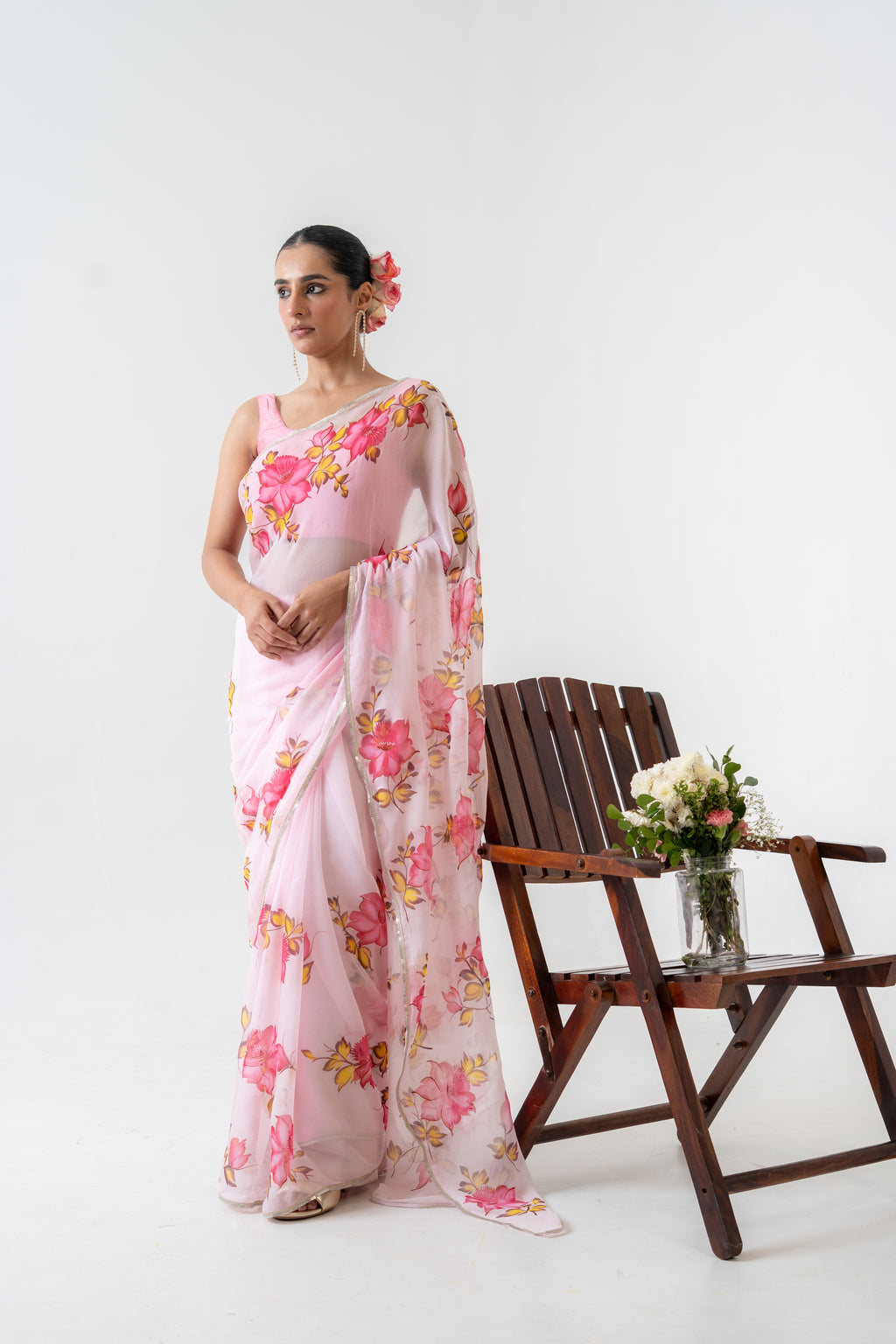 Handpainted Pink Floral Chiffon Saree