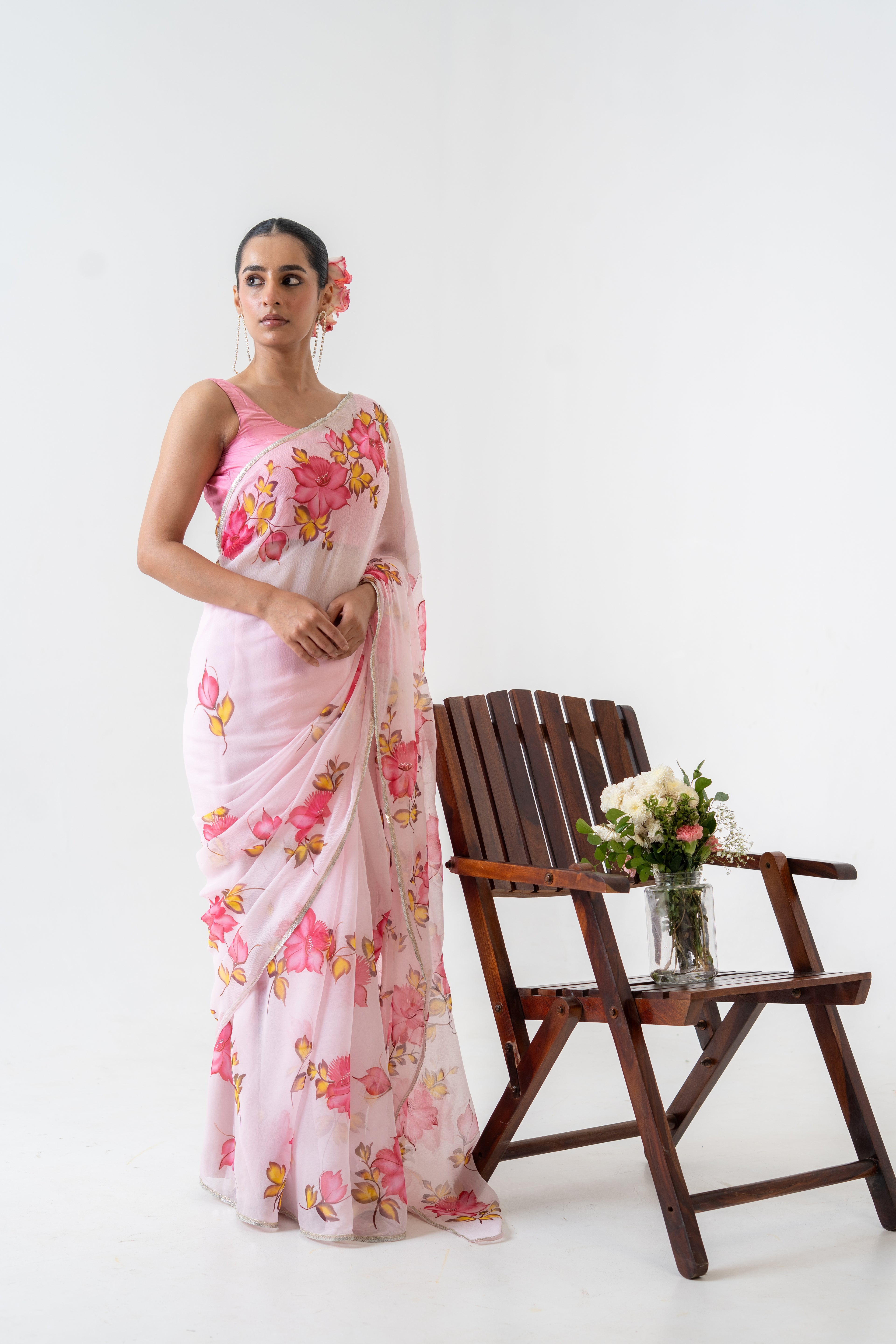 Handpainted Pink Floral Chiffon Saree