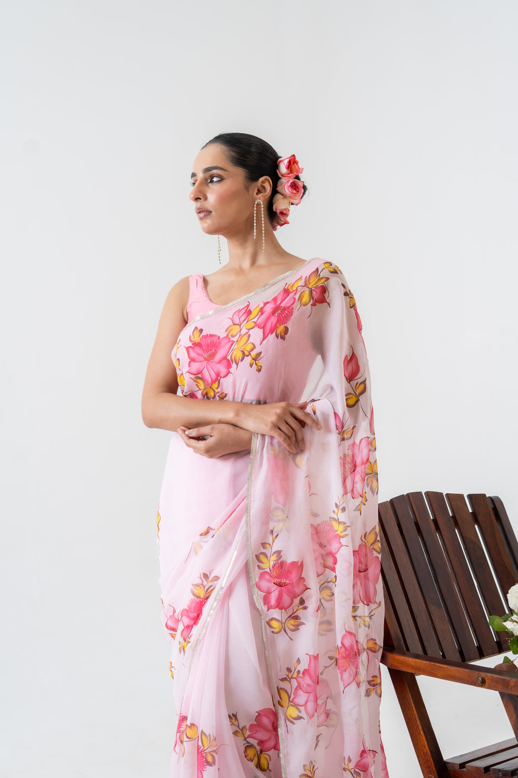 Handpainted Pink Floral Chiffon Saree