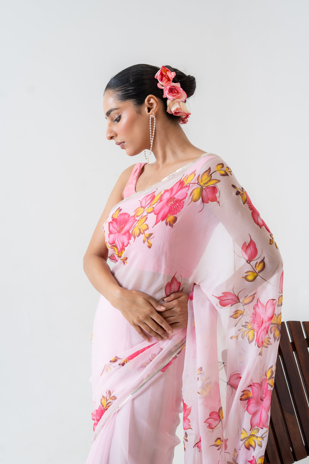 Handpainted Pink Floral Chiffon Saree