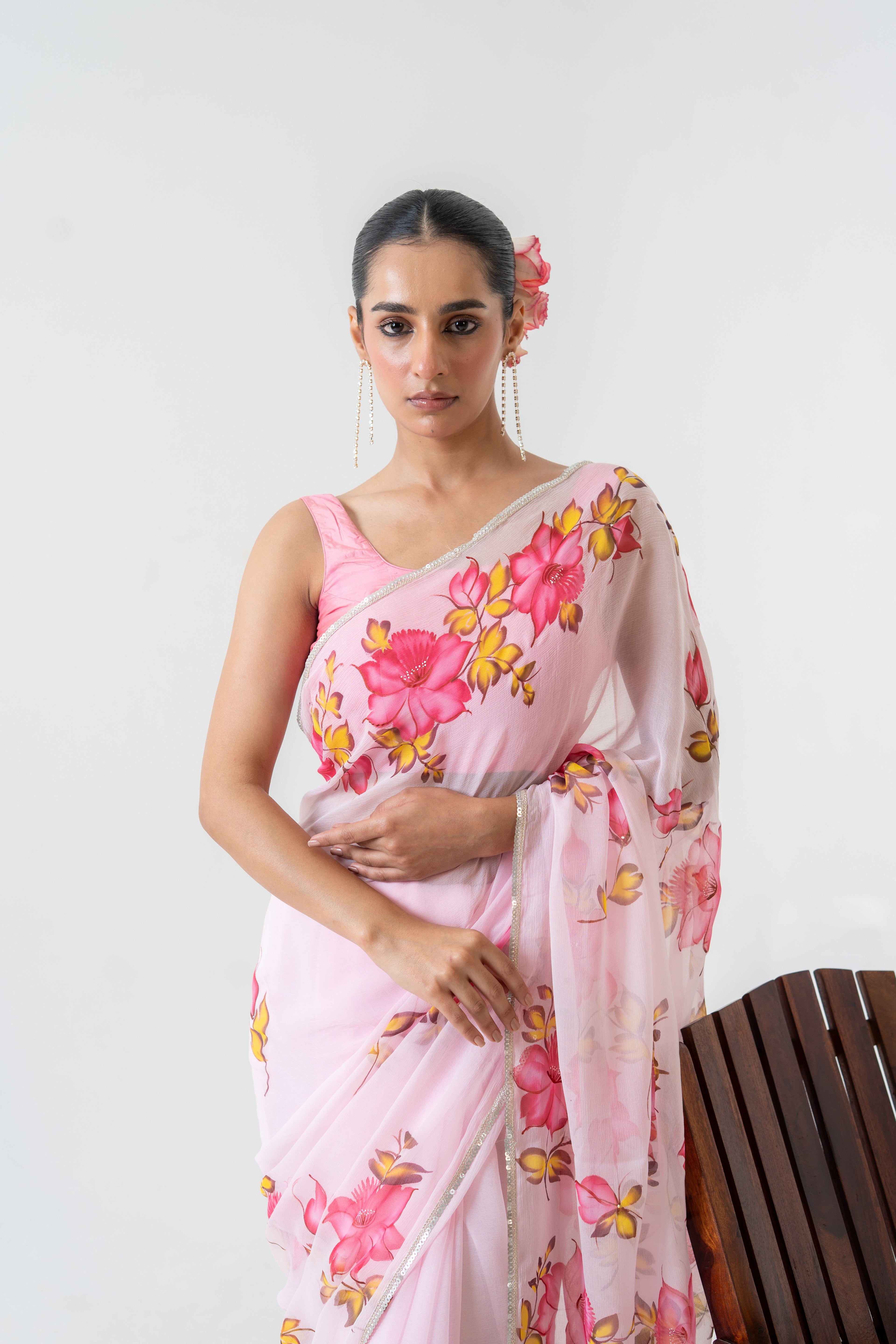 Handpainted Pink Floral Chiffon Saree
