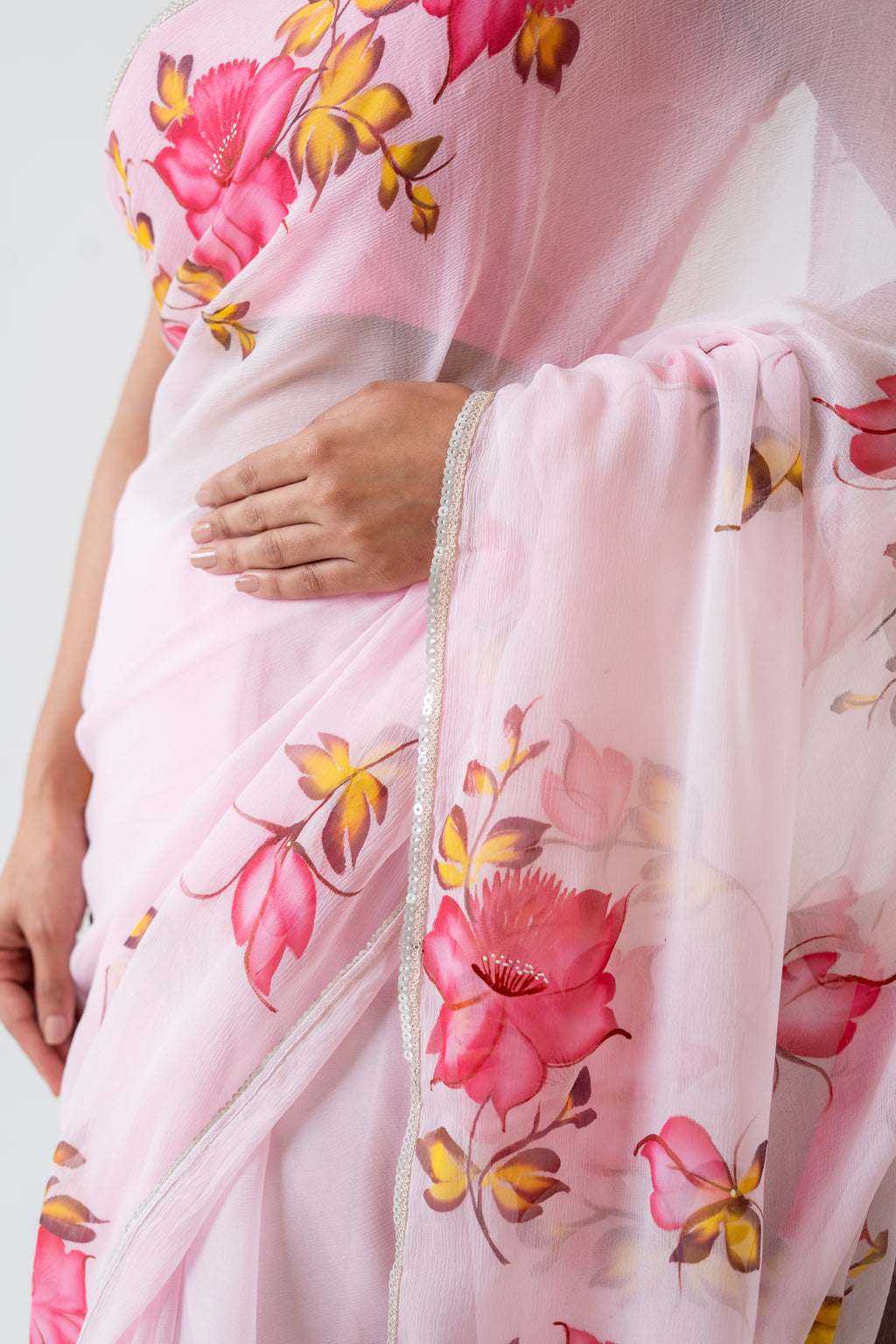 Handpainted Pink Floral Chiffon Saree